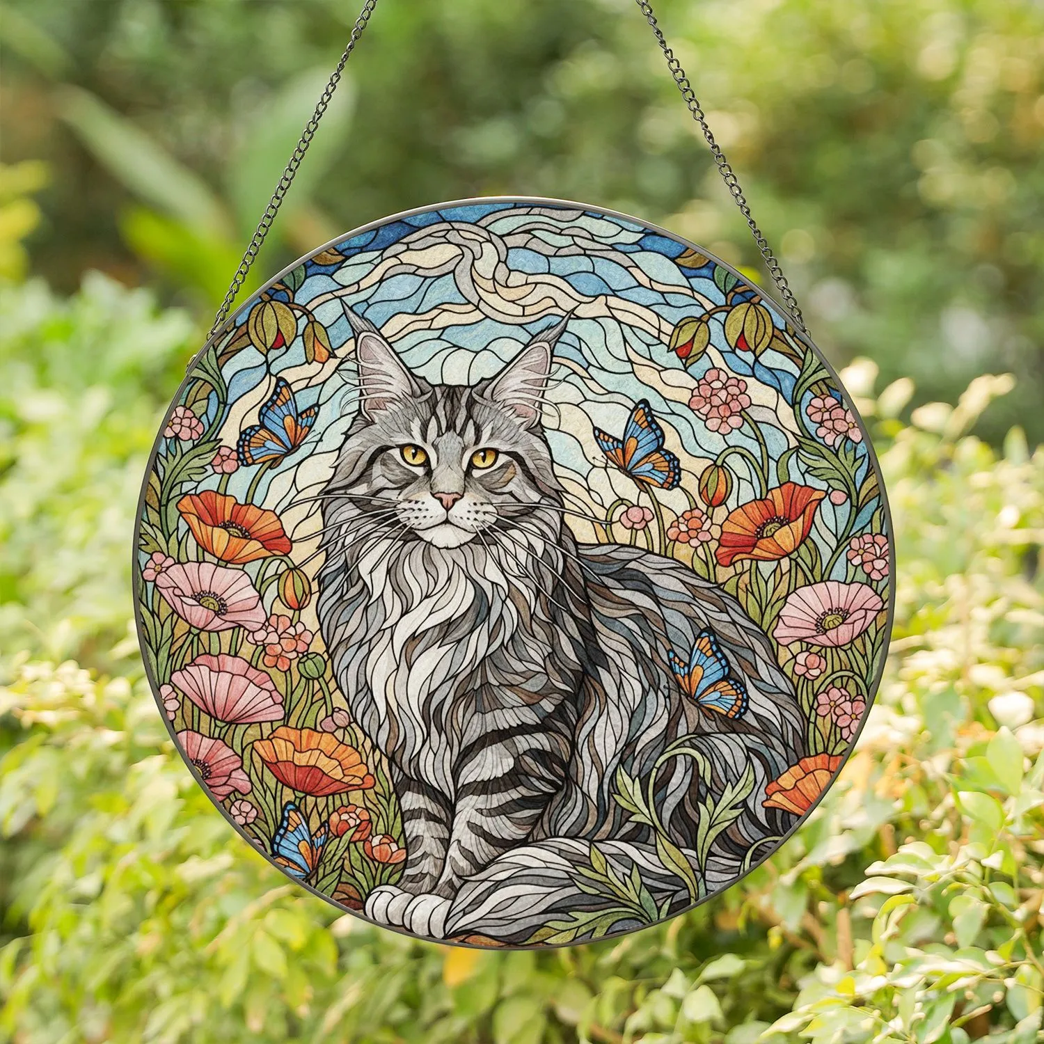 Fluffy Maine Coon Cat Tiffany Stained Glass Poppies Butterflies Jewel Tone Mosaic Stained Glass Suncatcher - 1