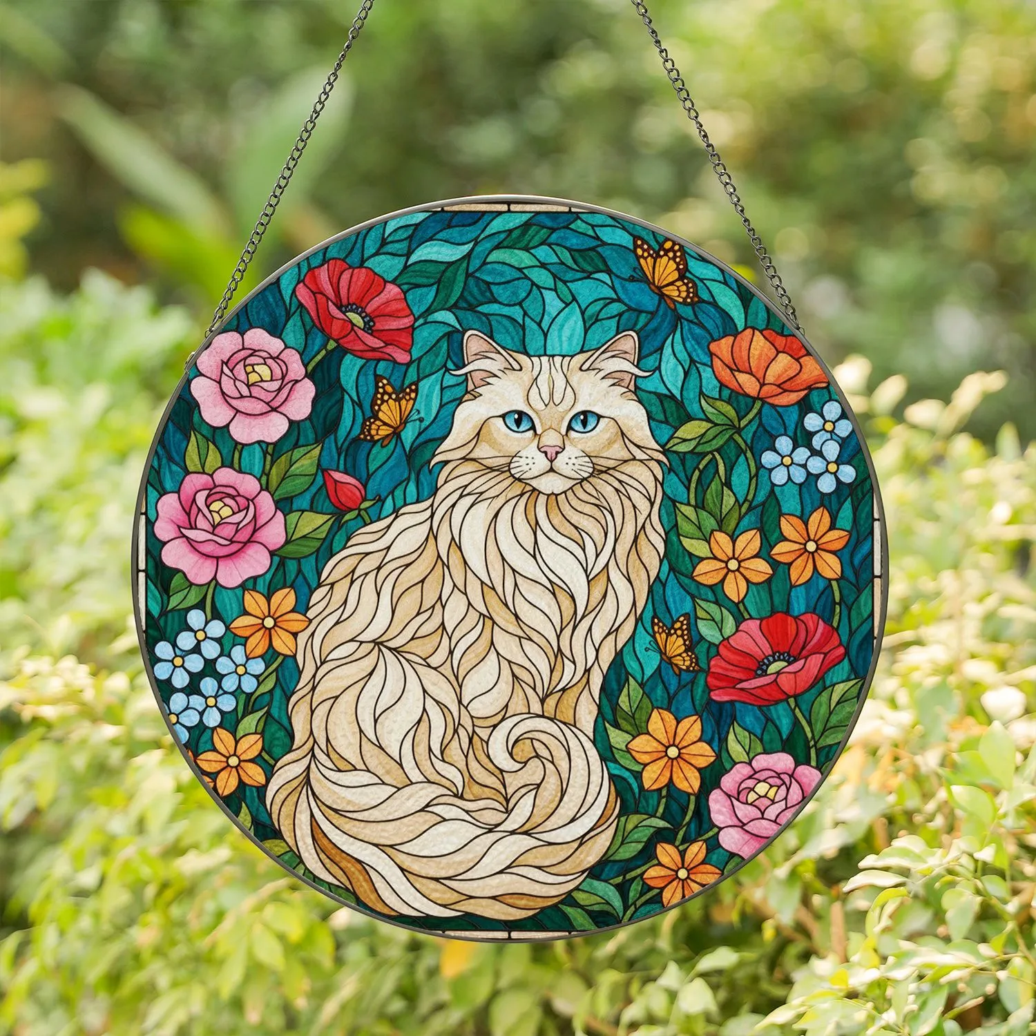 Intricate Tiffany Style Persian Cat Stained Glass Garden Flowers Colorful Jewel Tone Art Stained Glass Suncatcher - 1
