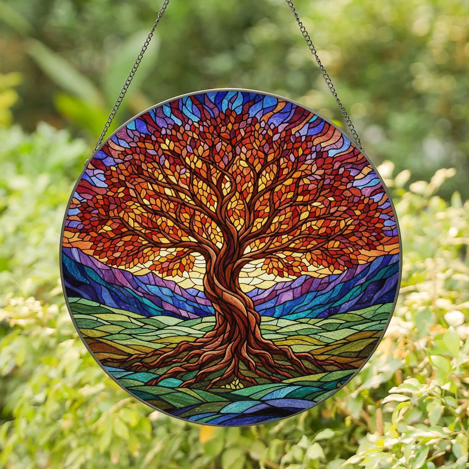 Gnarled Tree Autumn Leaves Tiffany Stained Glass Mountain Landscape Jewel Tones Stained Glass Suncatcher - 1