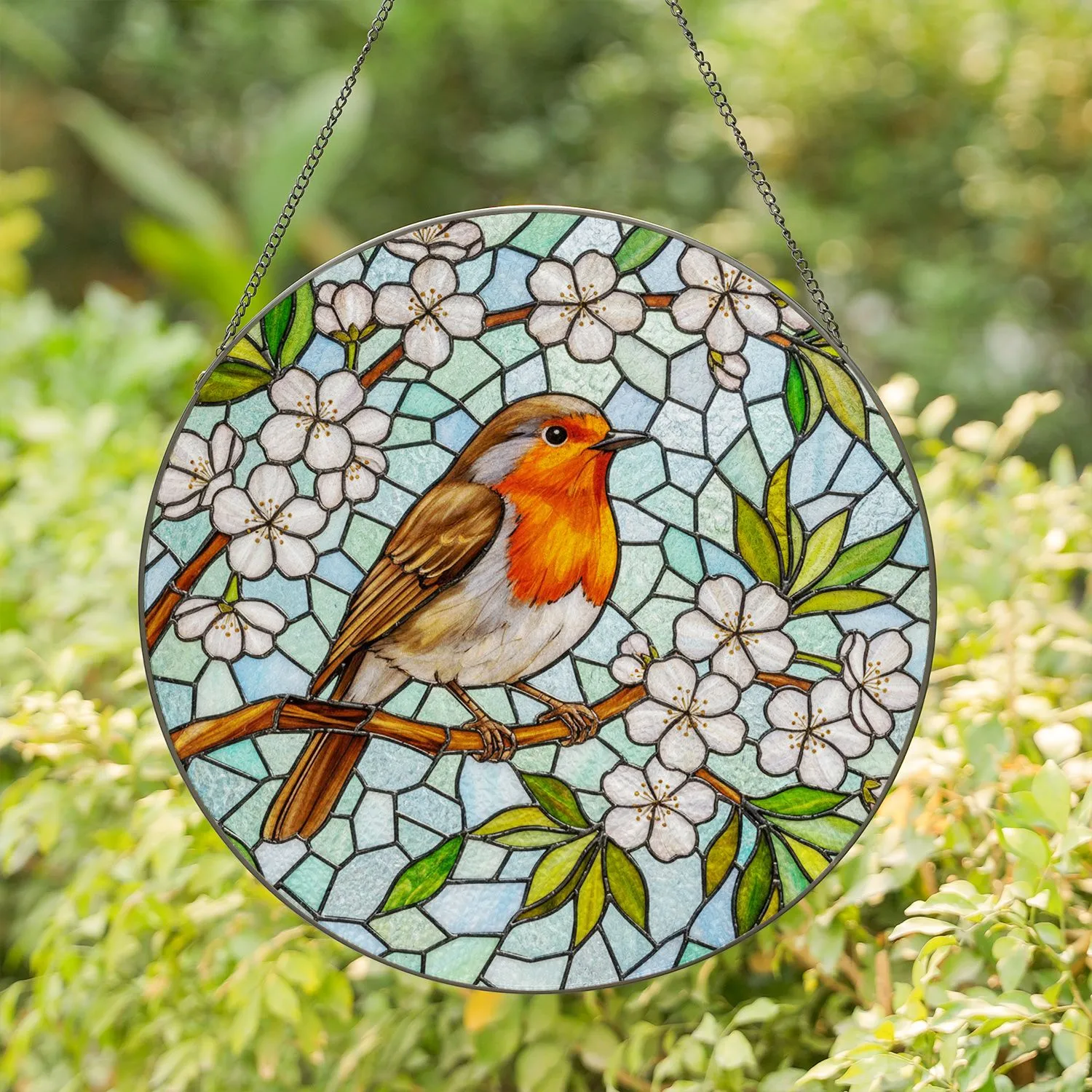 Intricate Robin Bird Cherry Blossom Stained Glass Mosaic - Tiffany Style Window Panel Decor Stained Glass Suncatcher - 1