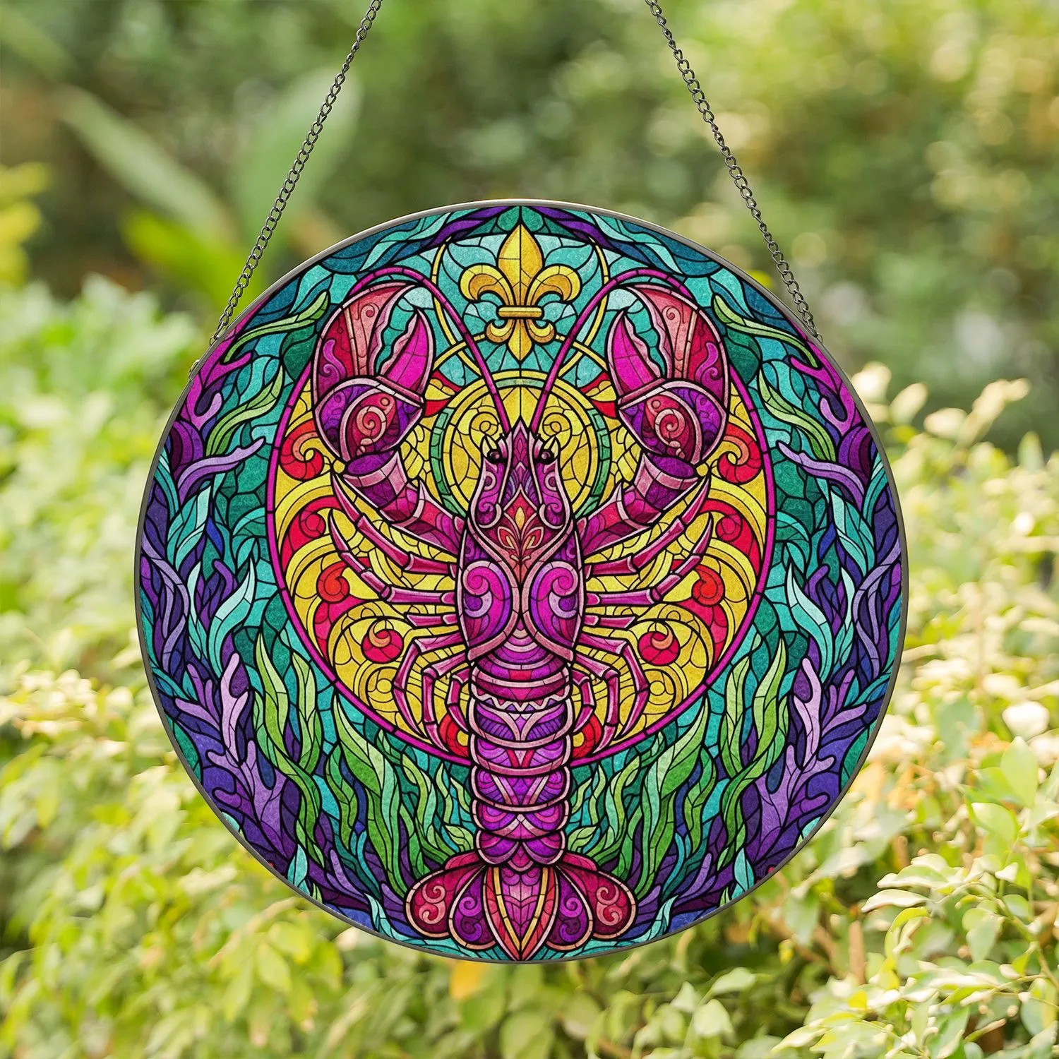 Tiffany Stained Glass Ornate Lobster Fleur-de-lis Jewel Tone Underwater Coral Stained Glass Suncatcher - 1