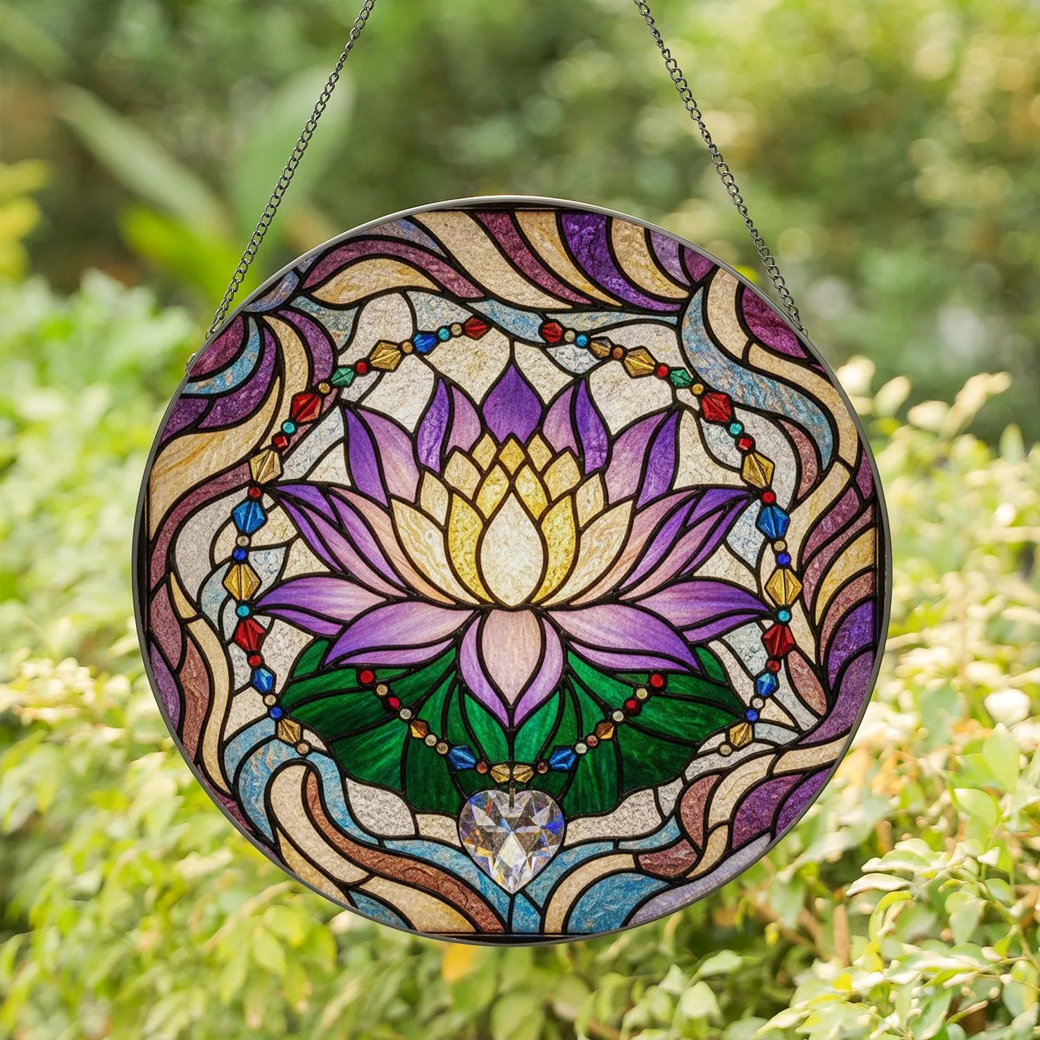 Blooming Lotus Flower Stained Glass Crystal Prism, Tiffany Style Ethereal Mosaic Stained Glass Suncatcher - 1