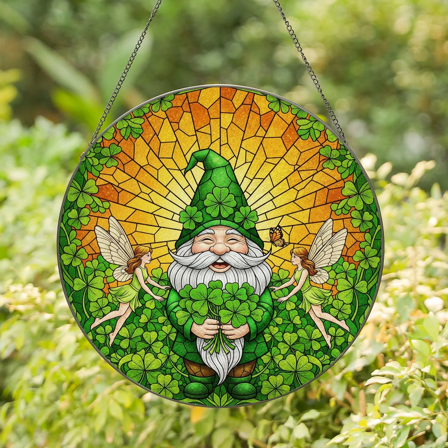 Smiling Gnome Four-Leaf Clover Fairy Butterfly Sunburst Tiffany Style Stained Glass Stained Glass Suncatcher - 1