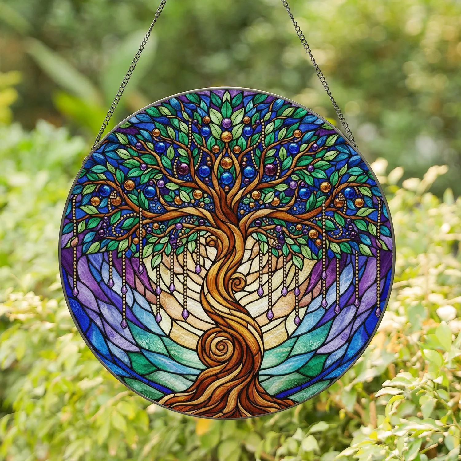 Luminous Tree of Life Stained Glass Artwork, Tiffany Style Jewel Tones & Purple Gold Beads Stained Glass Suncatcher - 1