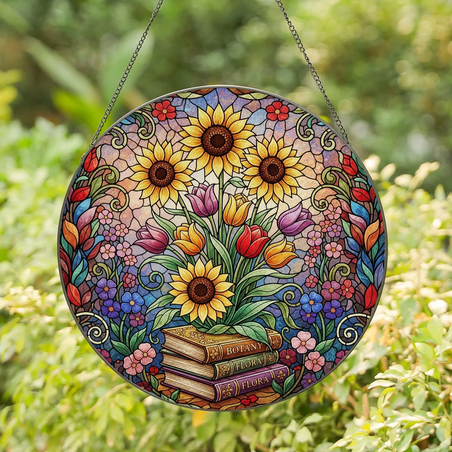 Sunflowers Tulips Books Stained Glass Art - Tiffany Style Jewel Tone Floral Home Decor Gift Stained Glass Suncatcher - 1