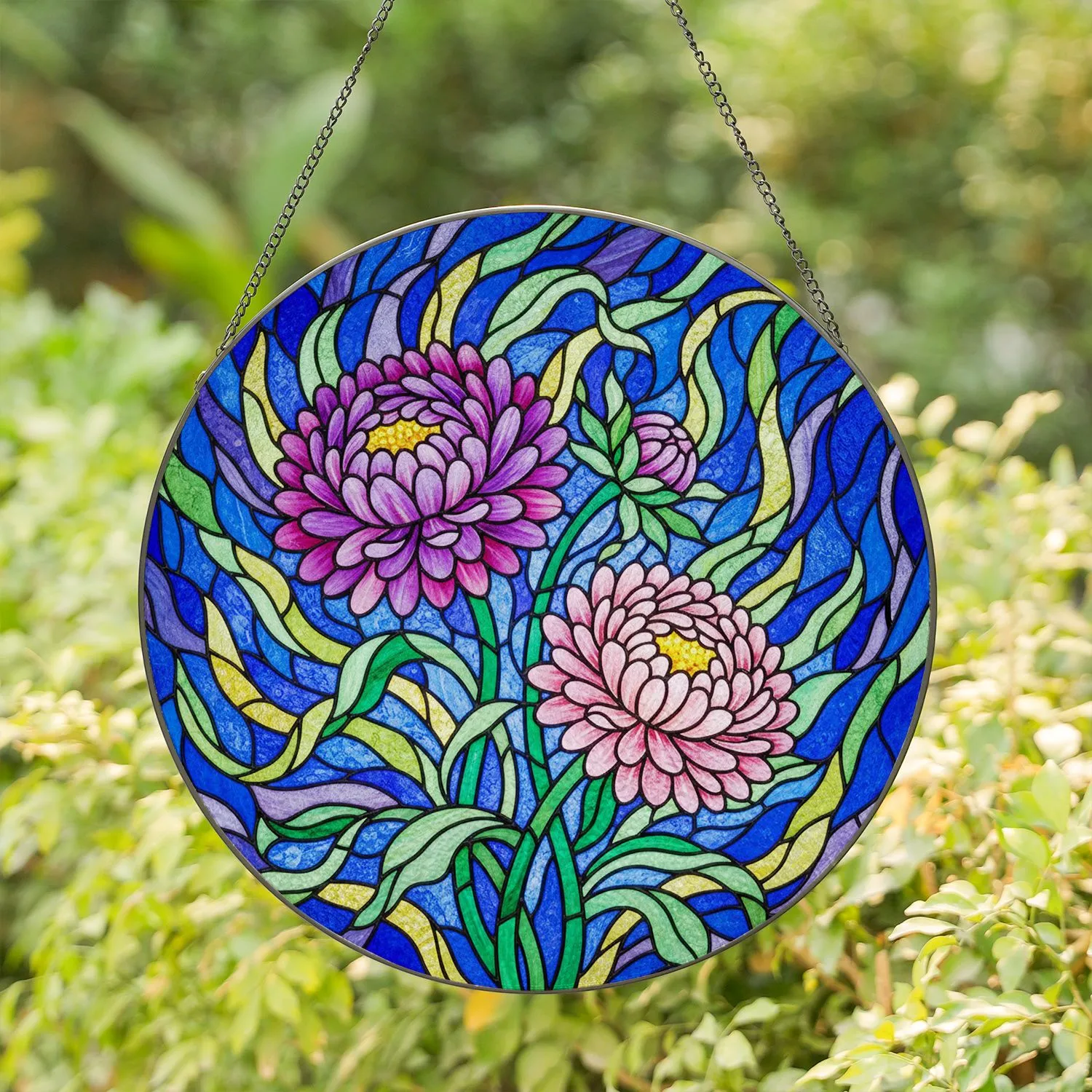 Tiffany Style Stained Glass Aster Flowers Design - Intricate Botanical Mosaic Art in Jewel Tones Stained Glass Suncatcher - 1