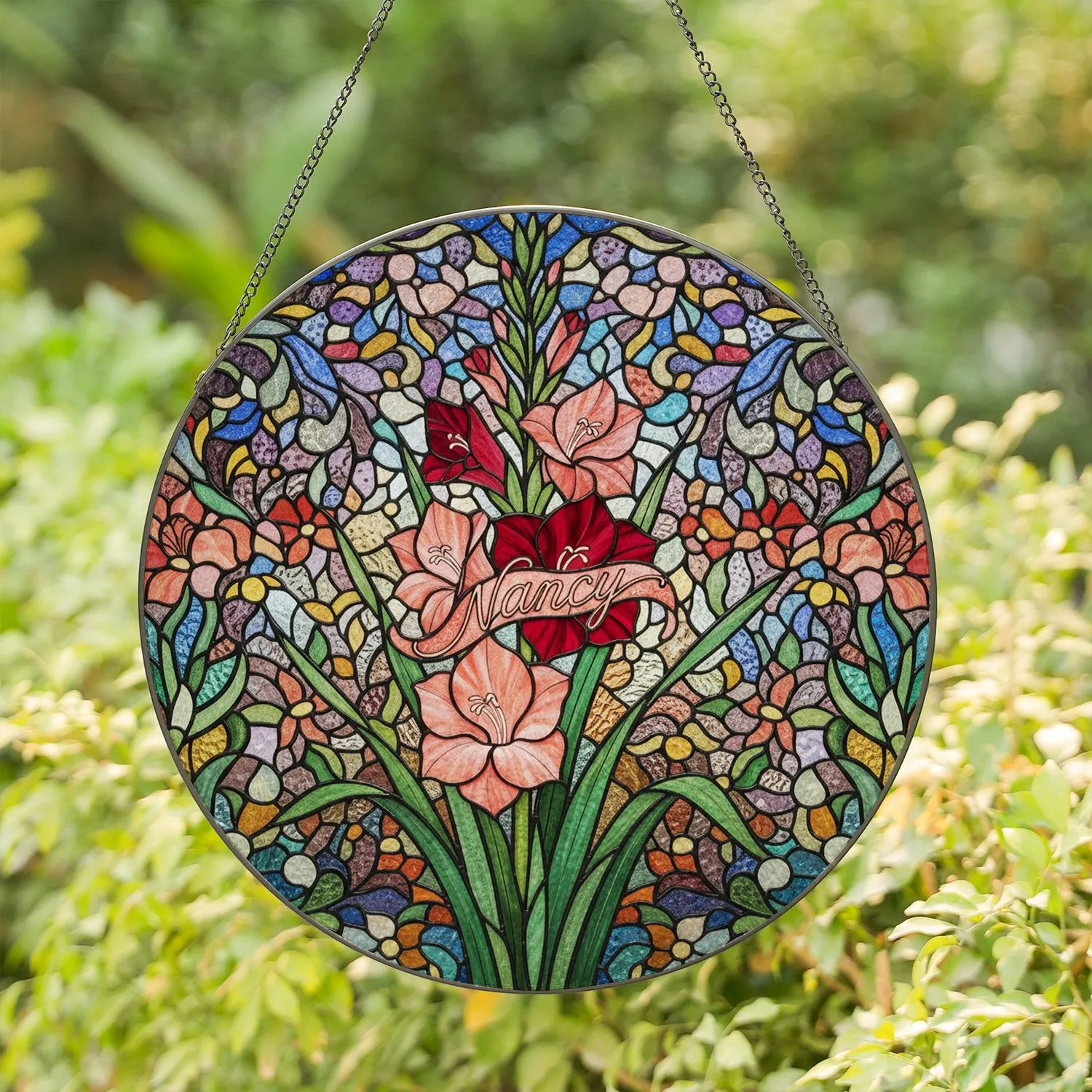 Stained Glass Gladiolus Flowers with 'Nancy' Name - Intricate Mosaic Garden Floral Art Decor Stained Glass Suncatcher - 1