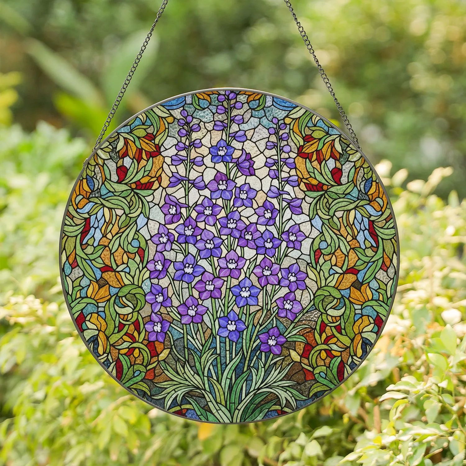 Delphinium Flowers Stained Glass Mosaic Art Tiffany Style Glowing Jewel Tones Window Stained Glass Suncatcher - 1