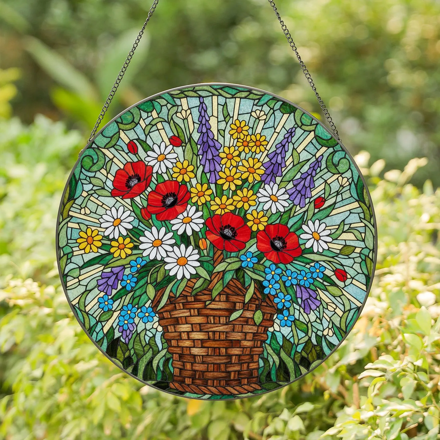 Stained Glass Tiffany Style Floral Basket Bouquet Blooming Poppies Daisies Garden Art Stained Glass Suncatcher - 1