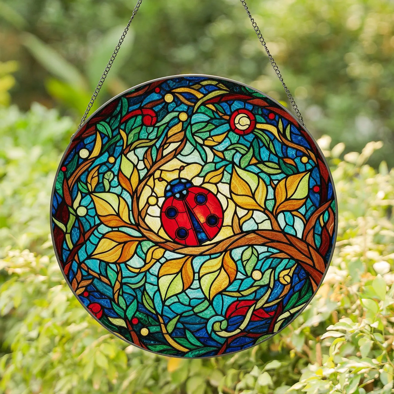 Red Ladybug Stained Glass Art - Emerald Leaves, Amber Foliage & Tiffany Mosaic Stained Glass Suncatcher - 1