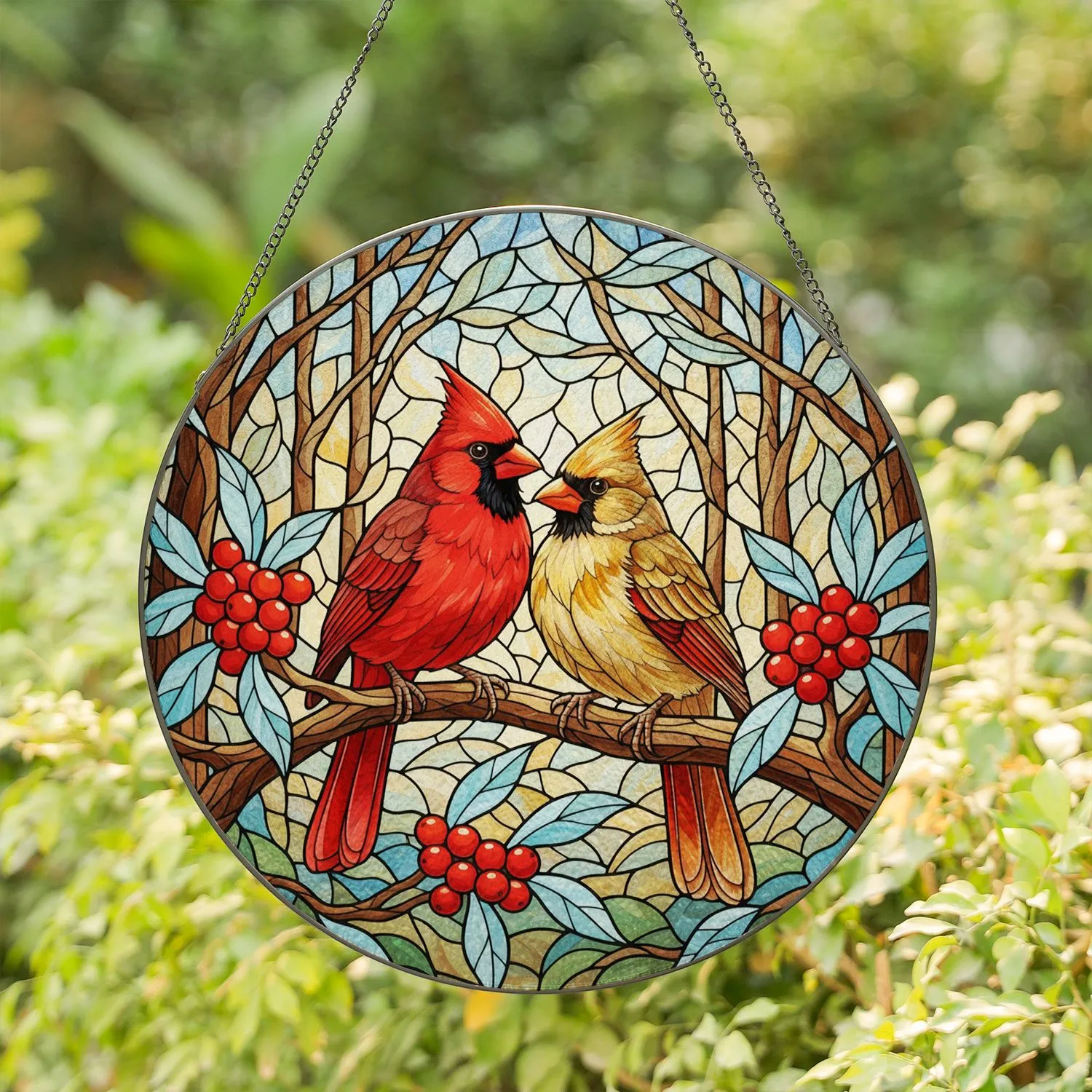 Cardinal Birds Stained Glass Style - Red Berries Blue Leaves Nature Window Decor Gift Stained Glass Suncatcher - 1