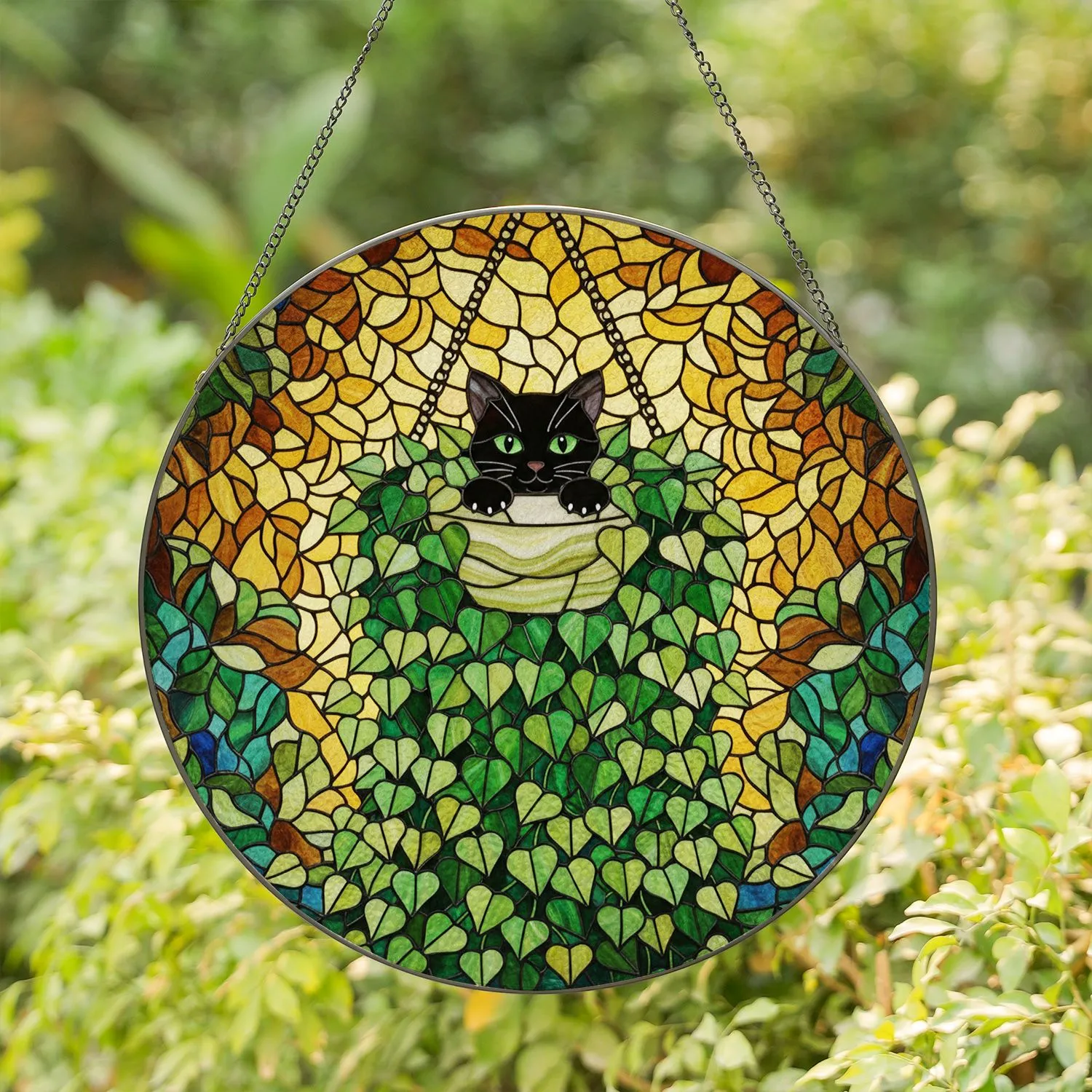 Black Cat Peeking Hanging Ivy Plant Stained Glass - Tiffany Garden Art Window Decor Stained Glass Suncatcher - 1