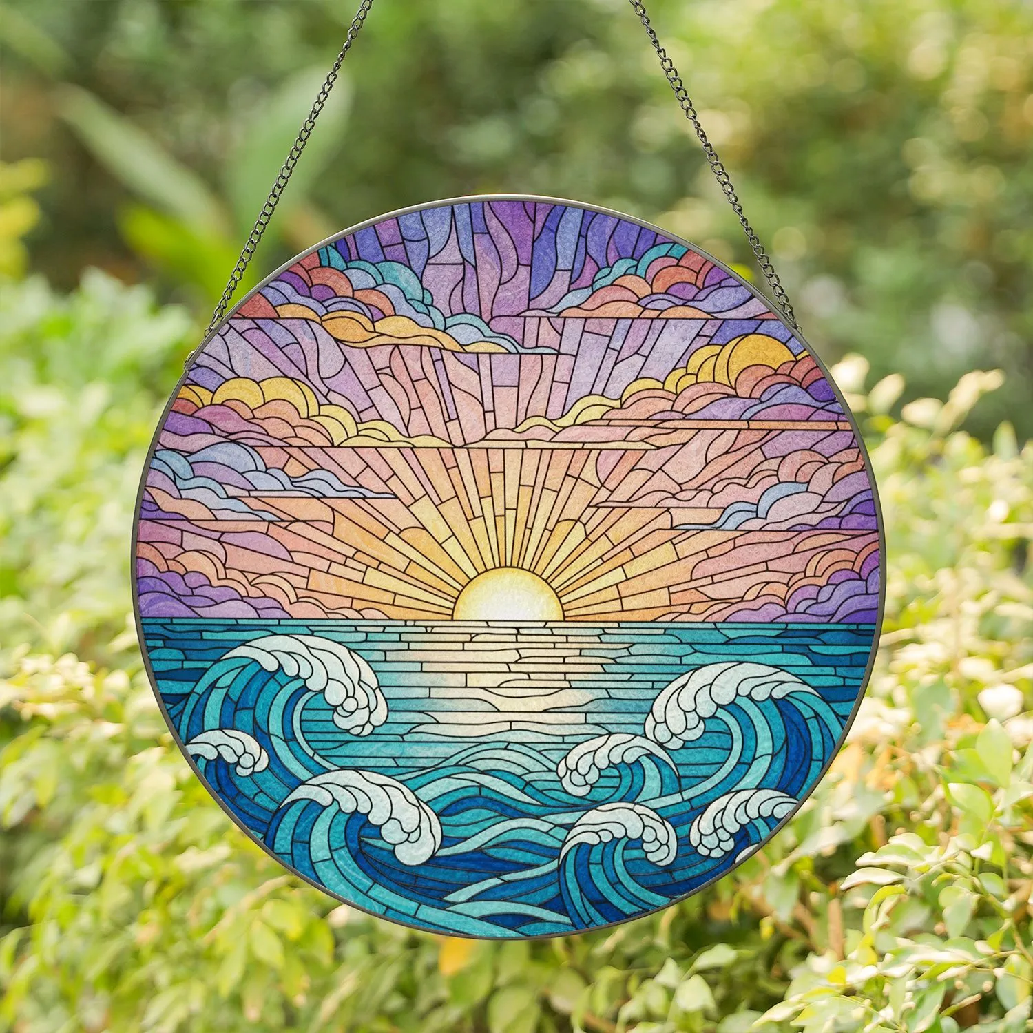 Glowing Half-Sun Ocean Waves Tiffany Stained Glass - Intricate Radiant Cloud Art Stained Glass Suncatcher - 1
