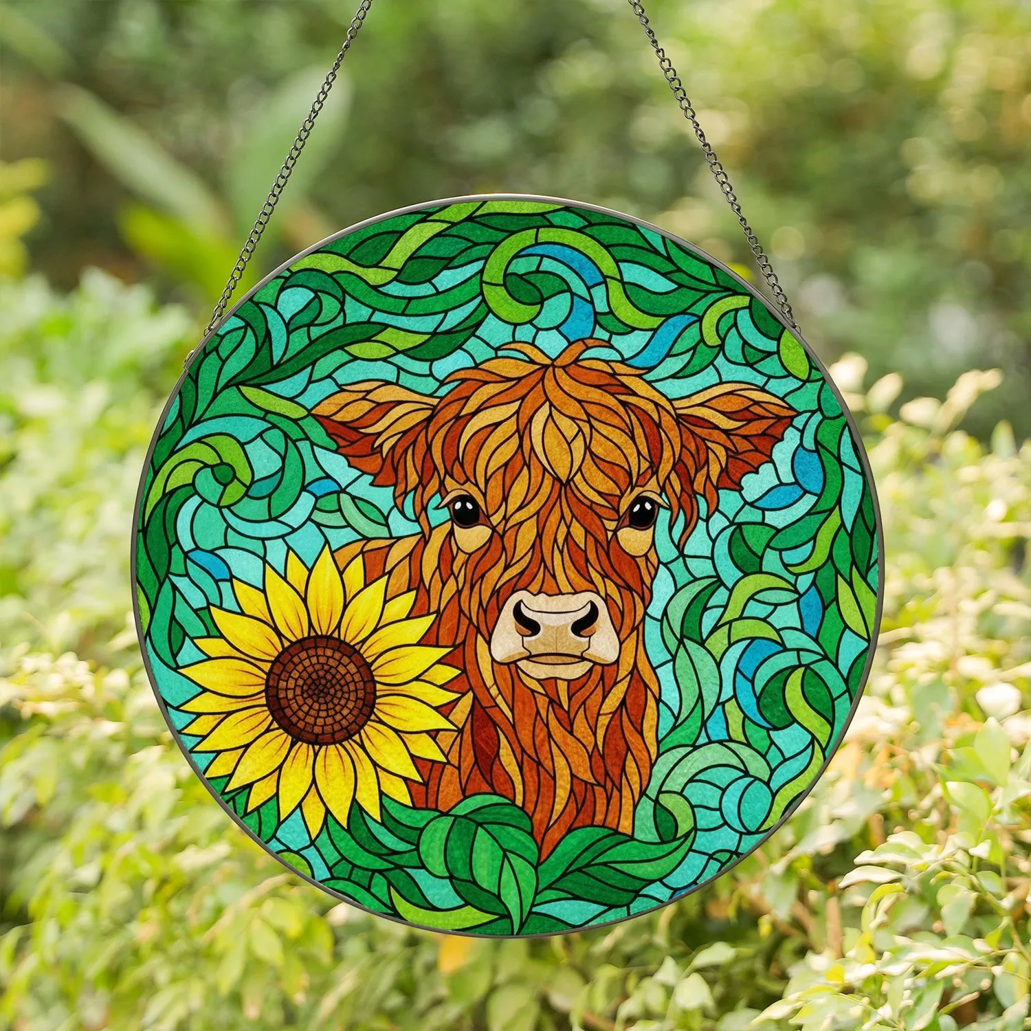 Highland Cow Calf Sunflower Stained Glass Art - Tiffany Style Farm Decor Present Stained Glass Suncatcher - 1