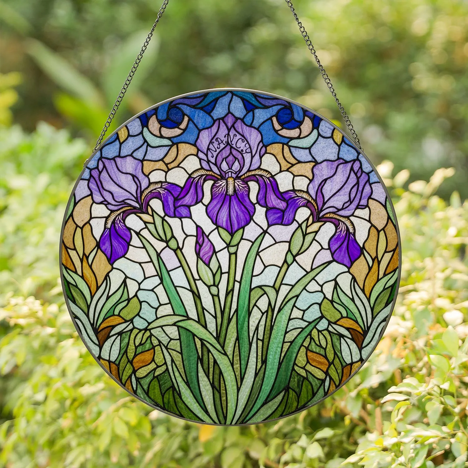Stained Glass Irises Tiffany Style Art with 'Nancy' Name - Jewel Tone Floral Gift For Her Stained Glass Suncatcher - 1
