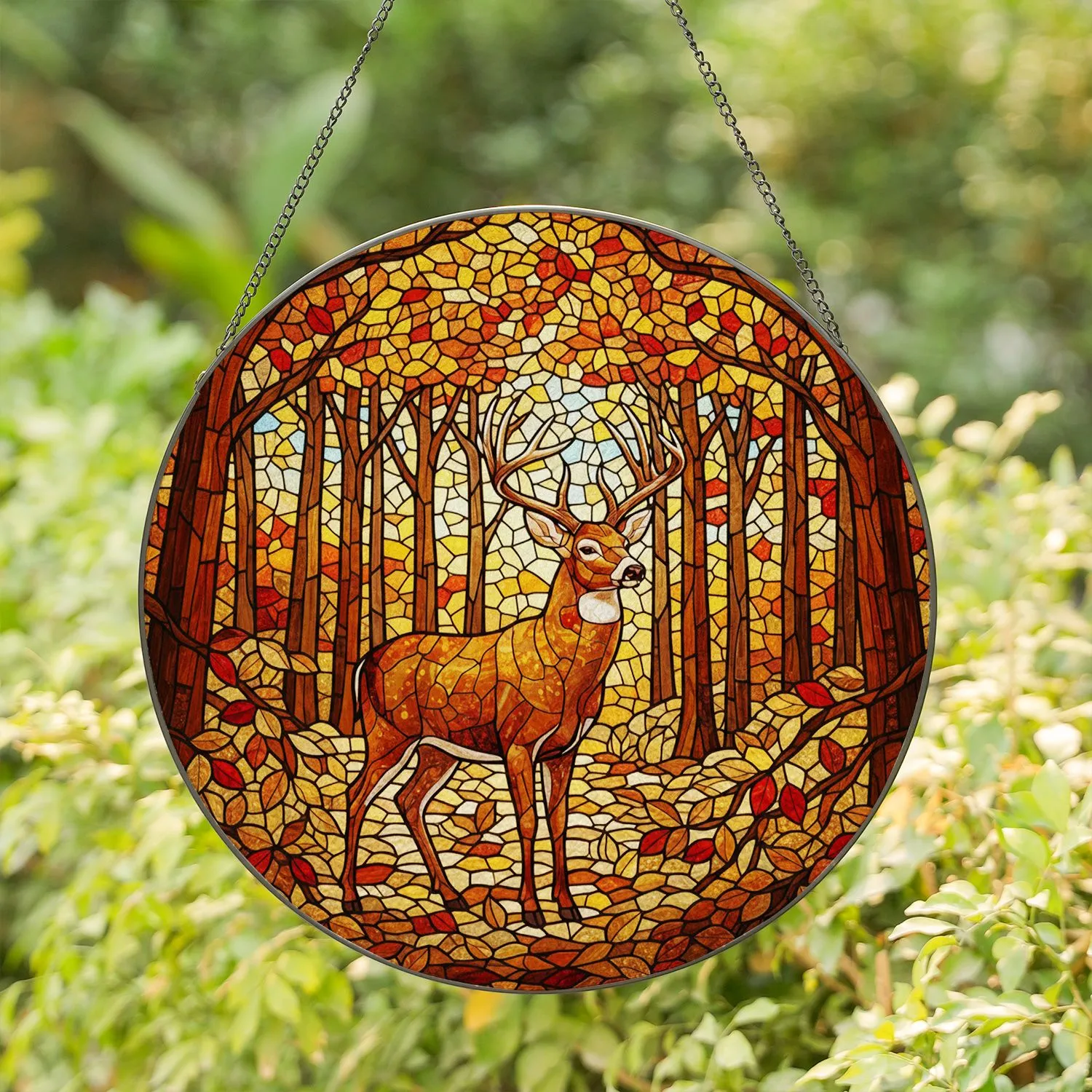 Majestic Buck Deer Multi-Tined Antlers Stained Glass - Autumn Forest Wildlife Gift Stained Glass Suncatcher - 1