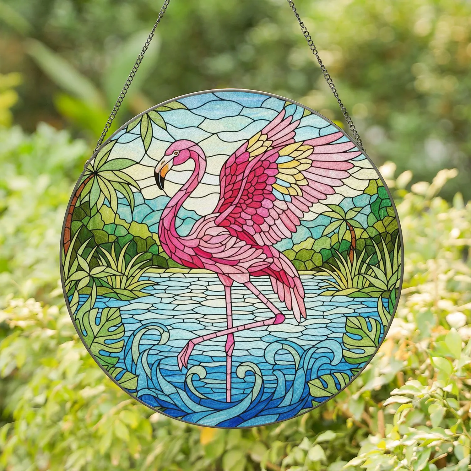 Flamingo Stained Glass Tiffany Style Tropical Wetland Floral Art Jewel Tone Decor Stained Glass Suncatcher - 1