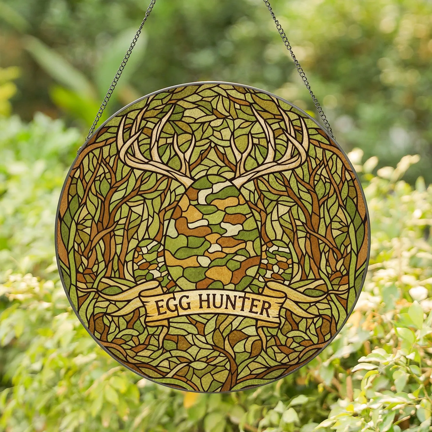 Camouflage Egg Deer Antler 'EGG HUNTER' Banner - Stained Glass Look Forest Decor Gift for Hunters Stained Glass Suncatcher - 1