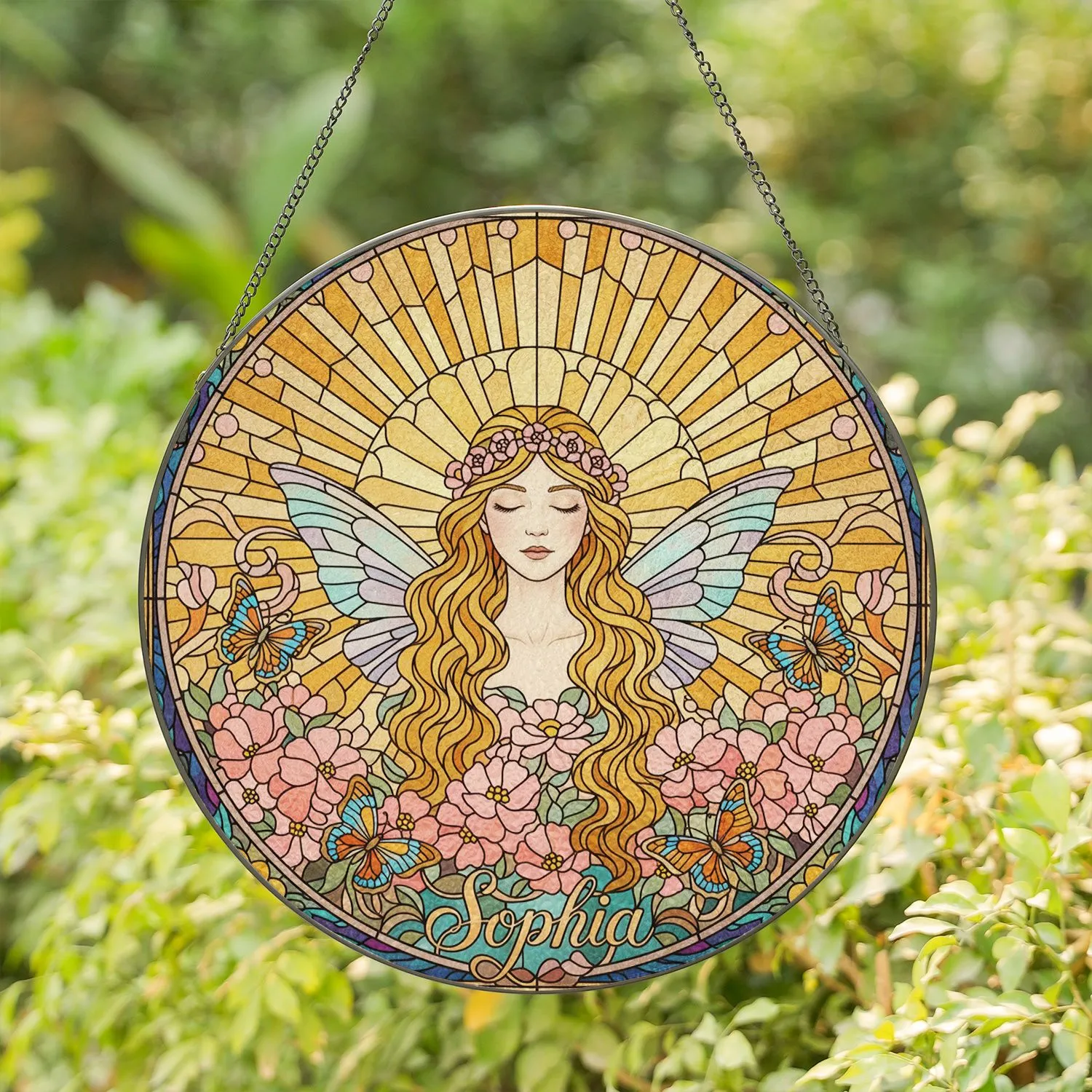 Sophia Fairy Wings Stained Glass Pink Flowers Butterflies Golden Hair Tiffany Style Art Stained Glass Suncatcher - 1