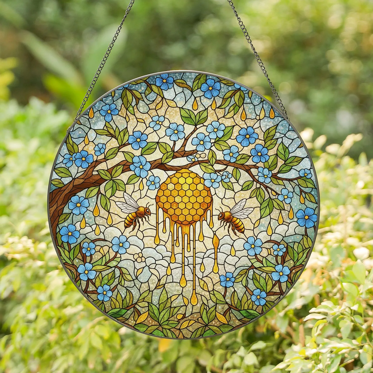Tree Branch Golden Honeycomb Bees Blue Flowers Green Leaves - Tiffany Glass Mosaic Sky Stained Glass Suncatcher - 1