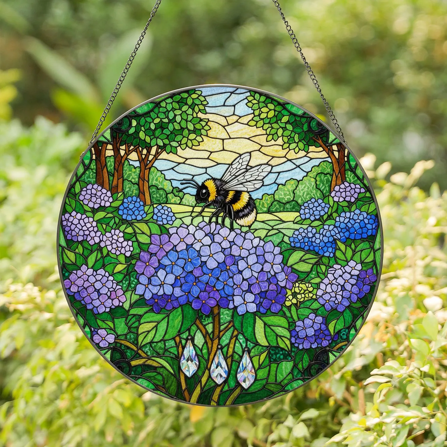 Bumblebee Hydrangea Stained Glass Window Art with Teardrop Crystals - Outdoor Decor Stained Glass Suncatcher - 1
