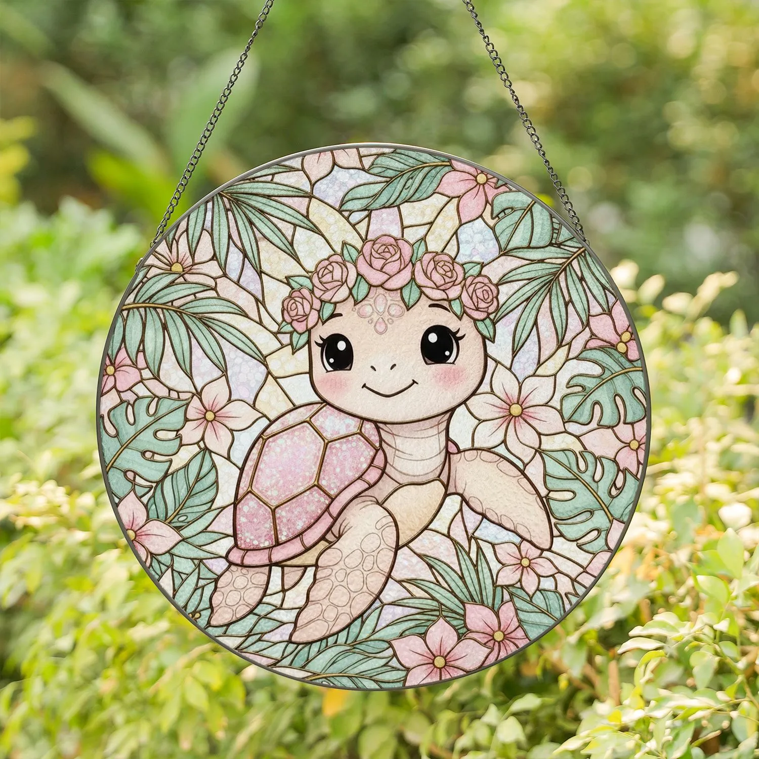 Kawaii Baby Sea Turtle Stained Glass Iridescent Glitter Shell Floral Crown Ocean Decor Art Stained Glass Suncatcher - 1