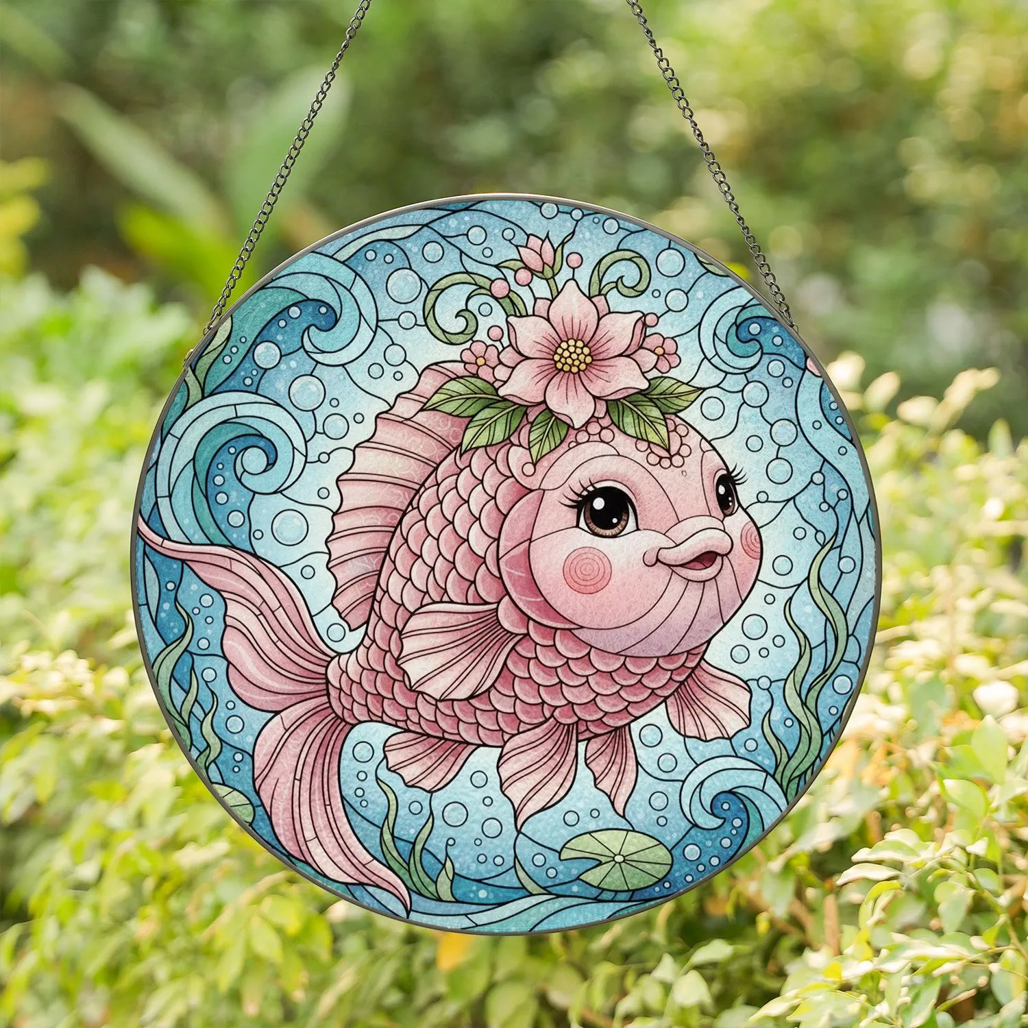 Tiffany Stained Glass Cartoon Chubby Fish Pink Gold Flower Ornate Fins Swirling Water Bubbles Stained Glass Suncatcher - 1