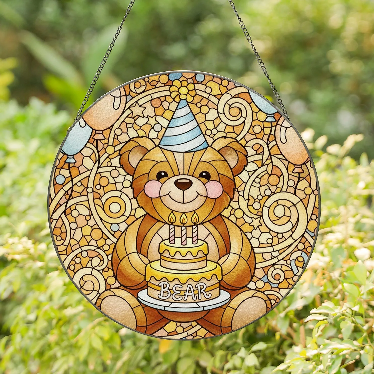 Teddy Bear Two-Tier Birthday Cake Party Hat Confetti Stained Glass Celebration Decor Stained Glass Suncatcher - 1