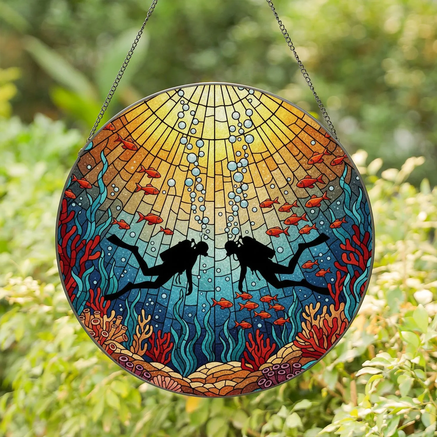 Scuba Divers Tiffany Stained Glass Ocean Scene - Underwater Fish Coral Sun Rays Bubbles Stained Glass Suncatcher - 1