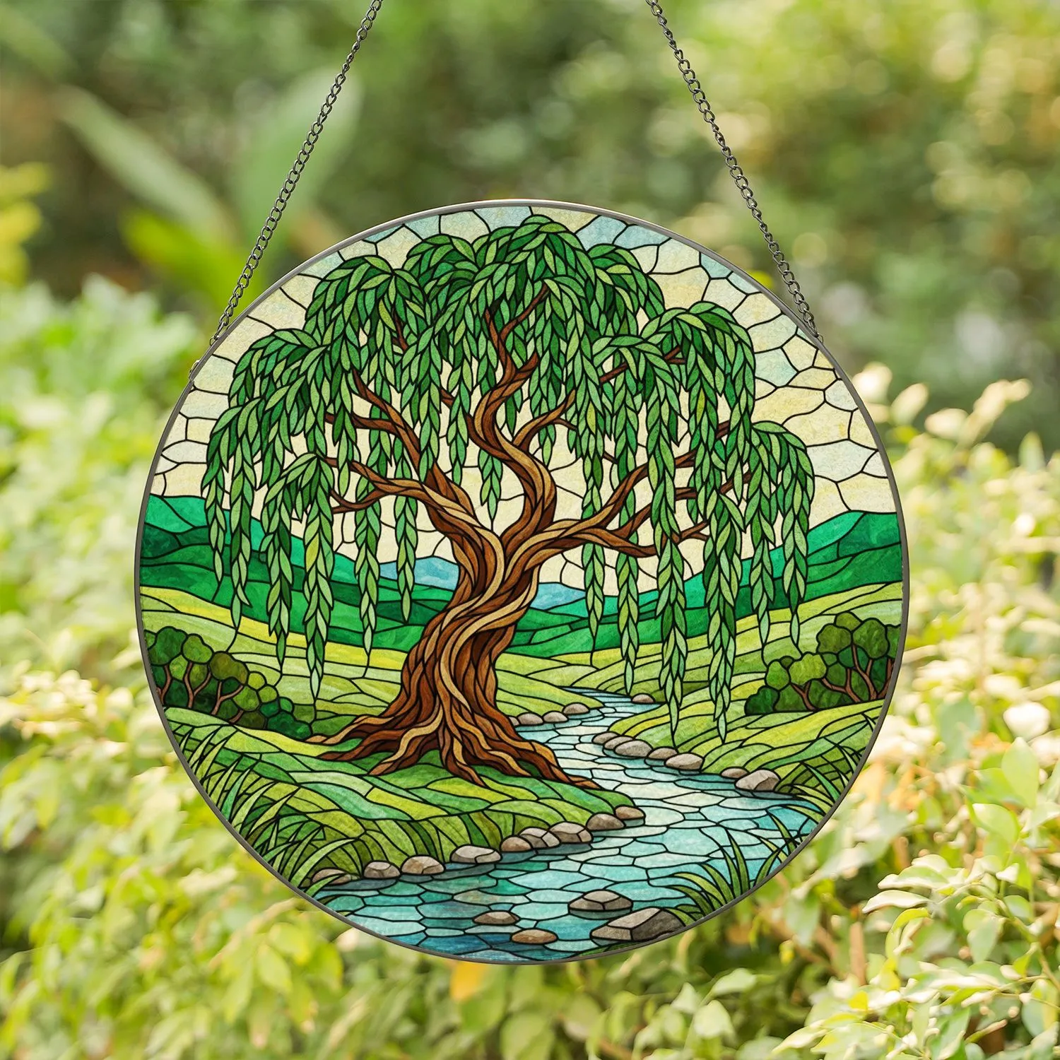 Ancient Weeping Willow Tree River Hills Mosaic Stained Glass Tiffany Jewel Tones Stained Glass Suncatcher - 1