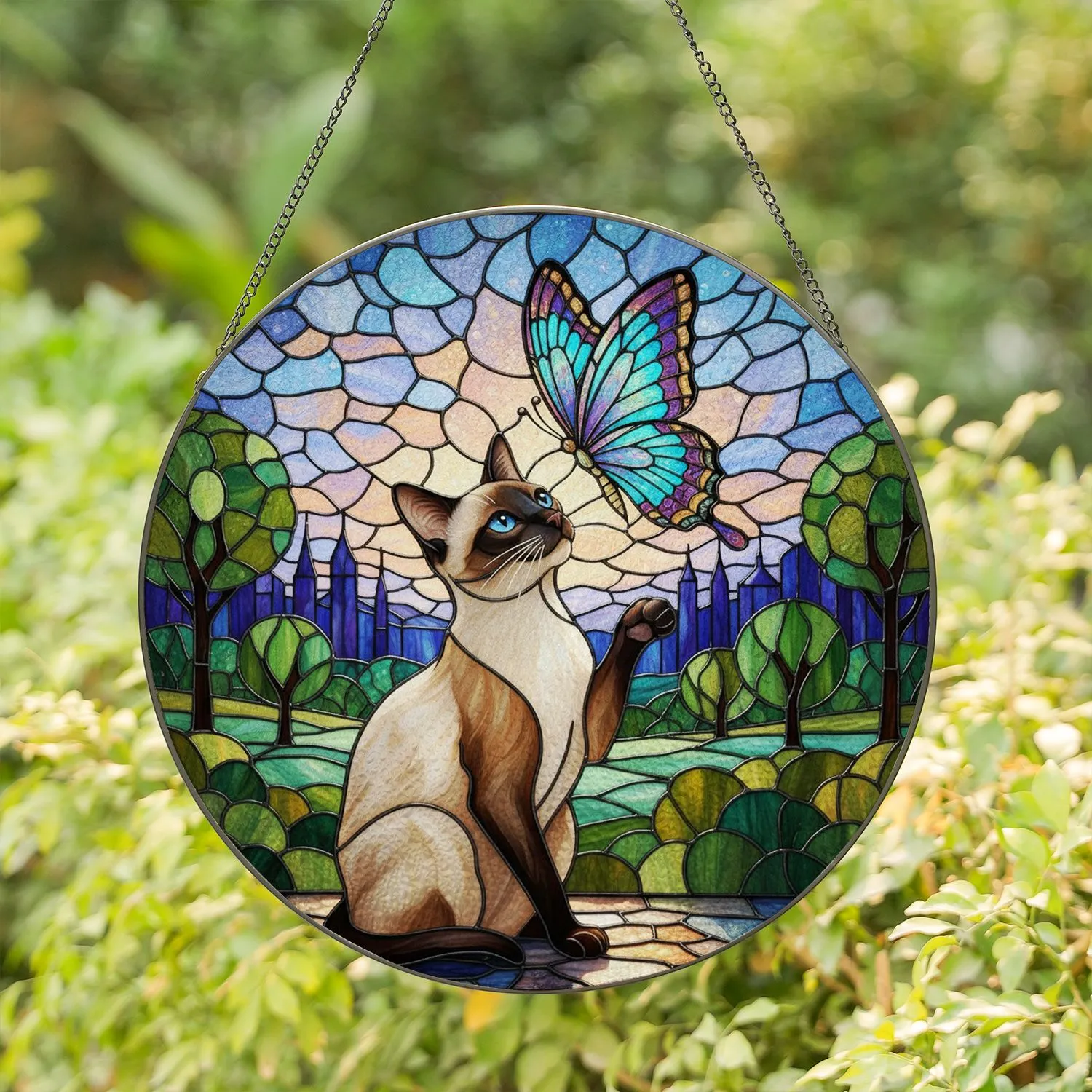 Siamese Cat Iridescent Butterfly Stained Glass Art - Tiffany Mosaic Landscape Twilight Stained Glass Suncatcher - 1