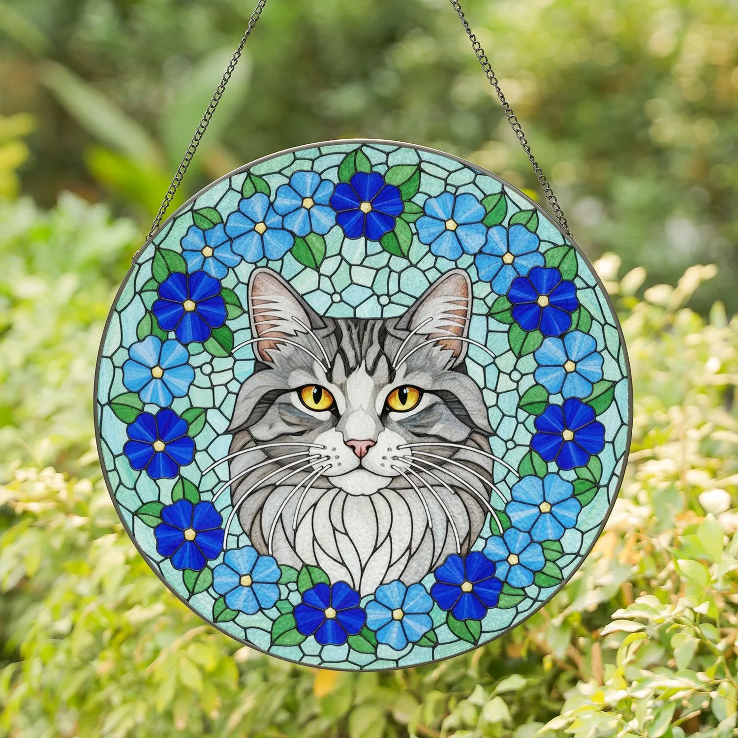 Grey White Tabby Cat Head Blue Flower Green Leaf Tiffany Glass Art - Cat Lover Gift Stained Glass Suncatcher - 1