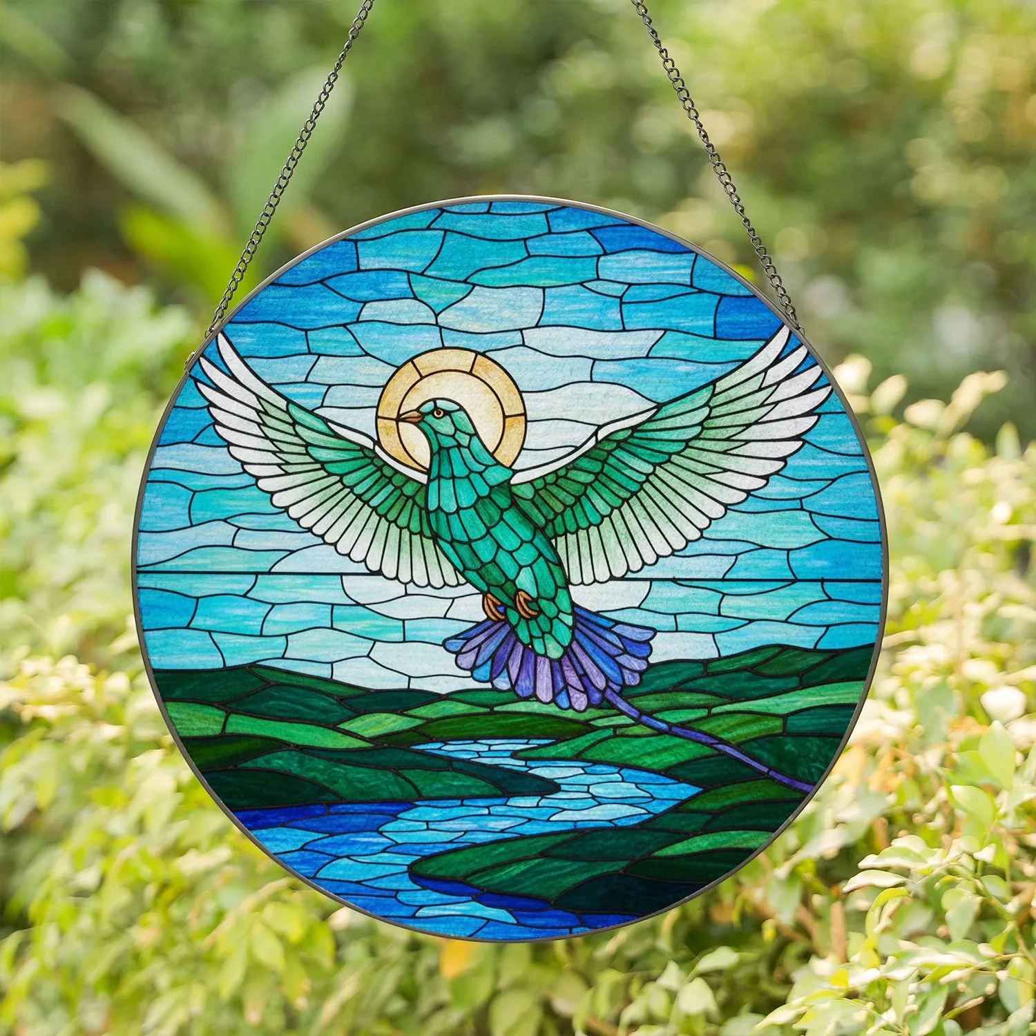Majestic Dove Stained Glass Art - Tiffany Style Emerald Teal Green Mosaic Window Panel Stained Glass Suncatcher - 1