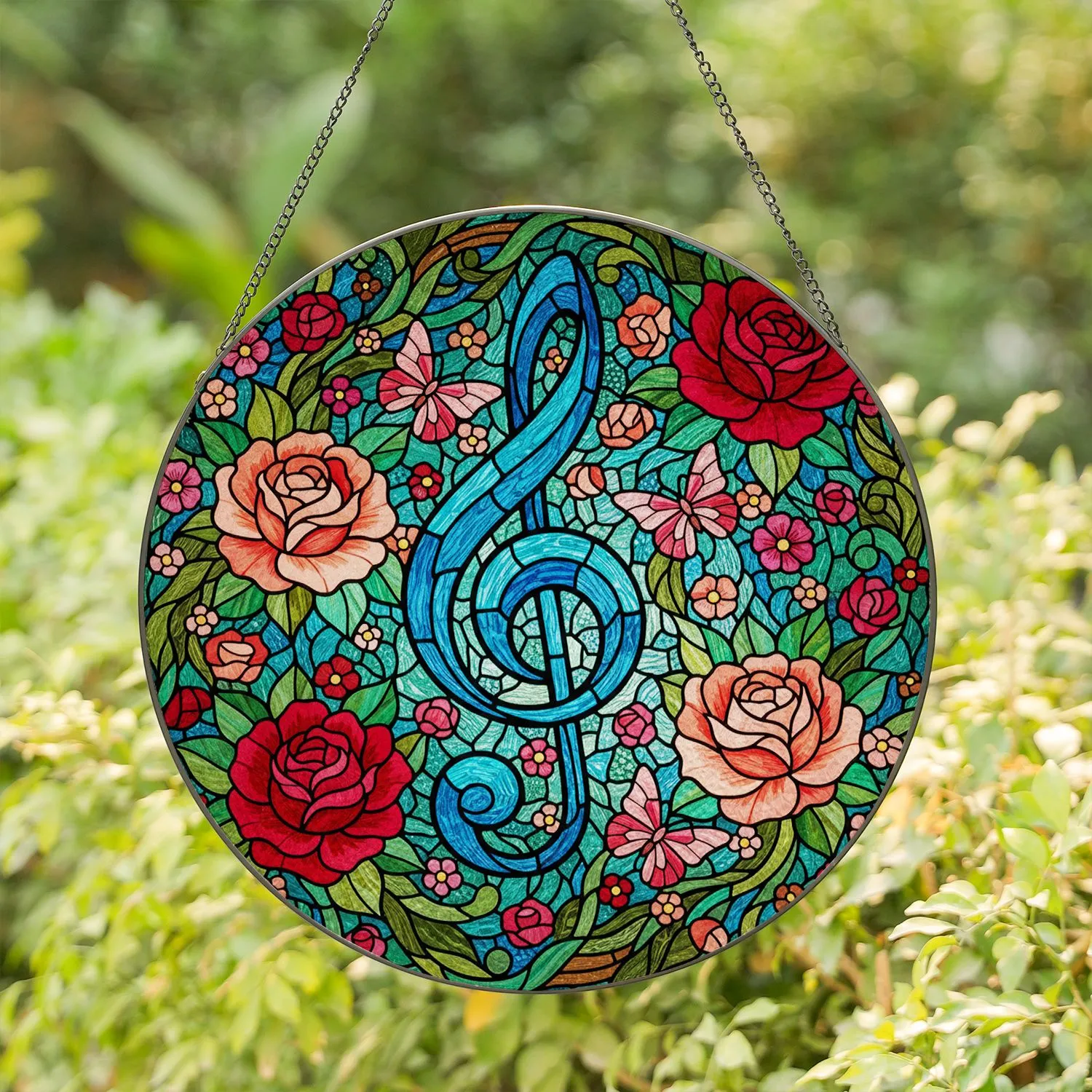 Glowing Blue Treble Clef Roses Butterflies Tiffany Stained Glass Intricate Mosaic Stained Glass Suncatcher - 1