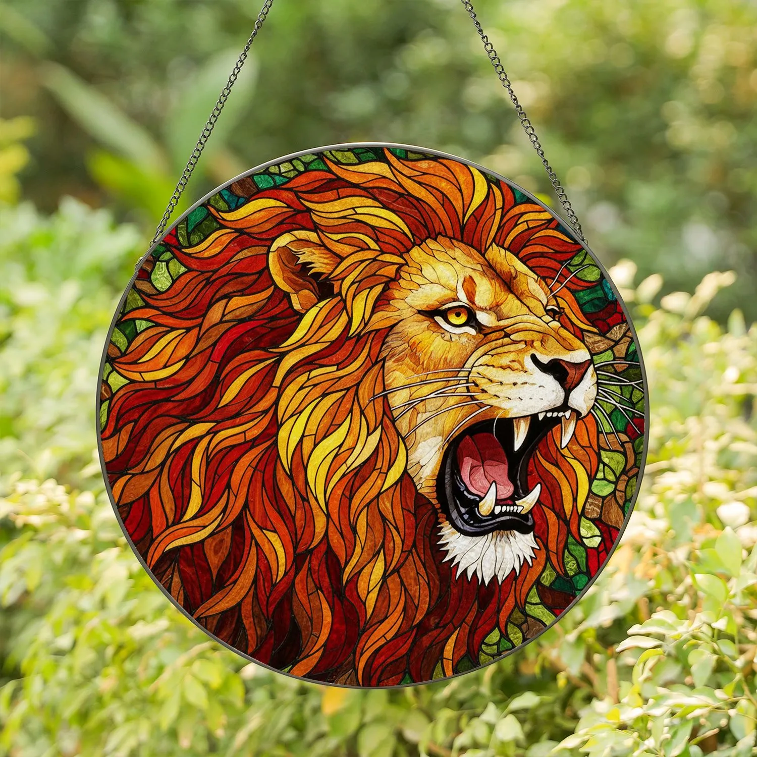 Roaring Lion Face Stained Glass Art with Jewel Tone Mane & Intricate Mosaic Background Stained Glass Suncatcher - 1
