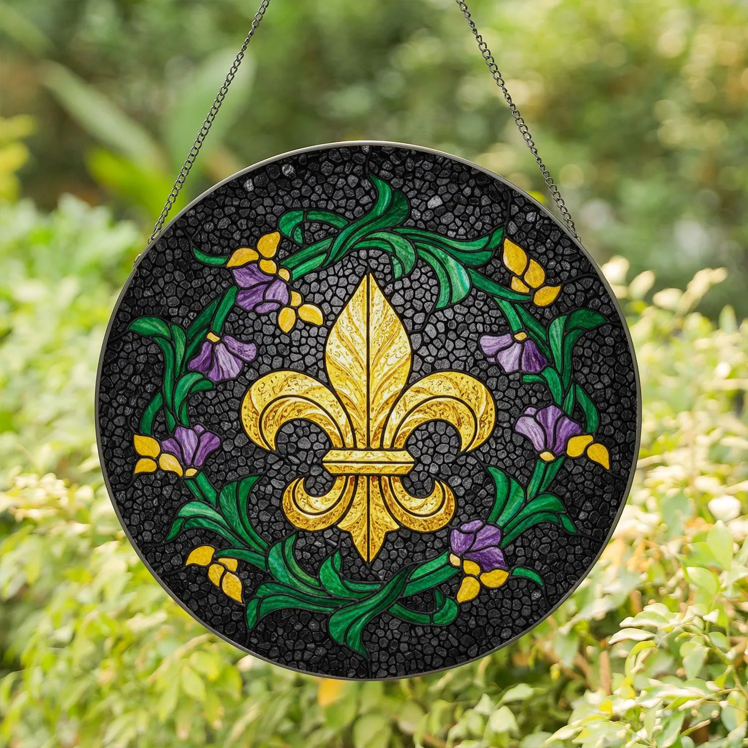 Golden Fleur-de-lis Tiffany Stained Glass Art - Jewel Tone Green Leaves Purple Flowers Mosaic Dark Background Stained Glass Suncatcher - 1