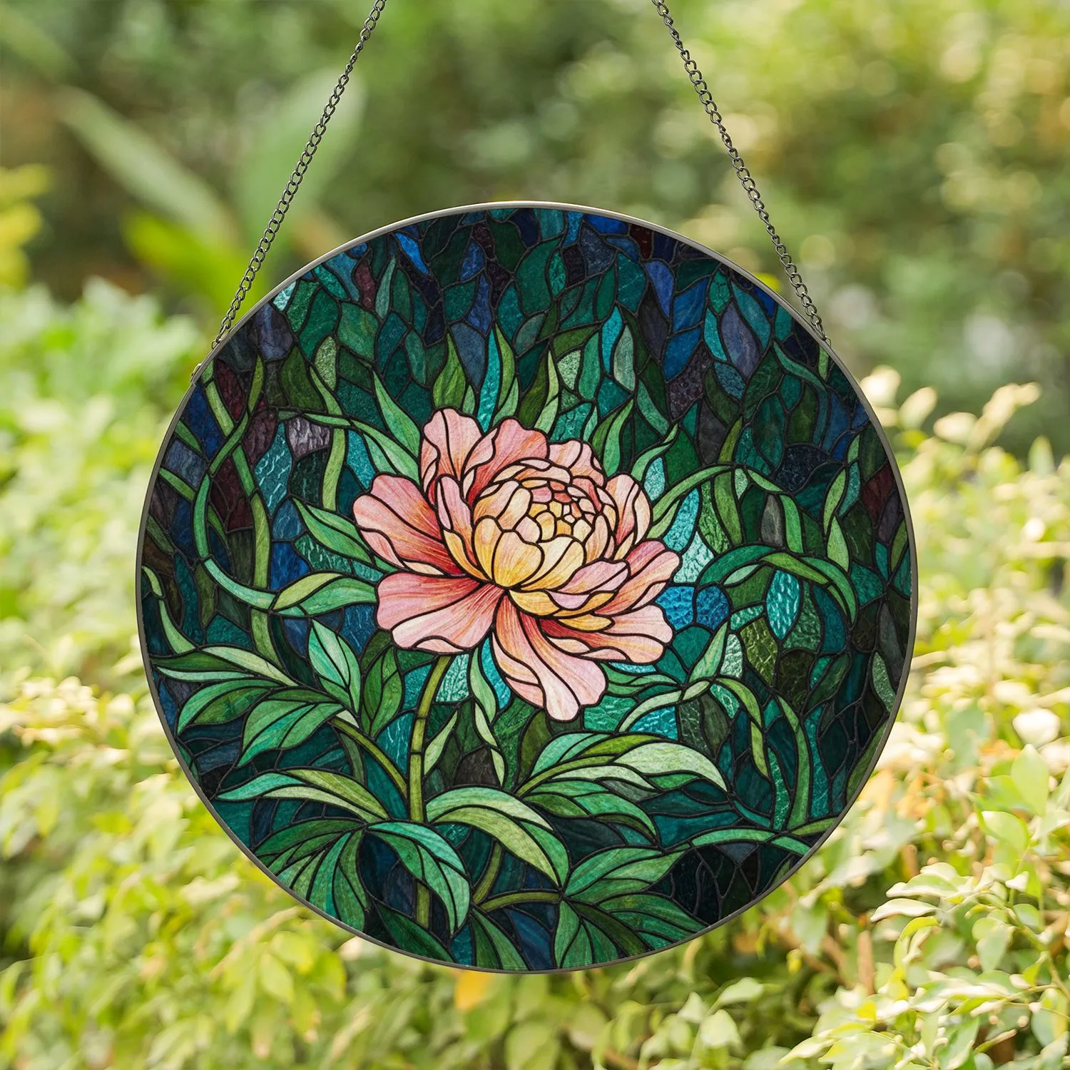 Glowing Peony Flower Stained Glass Mosaic - Tiffany Inspired Garden Window Art Stained Glass Suncatcher - 1