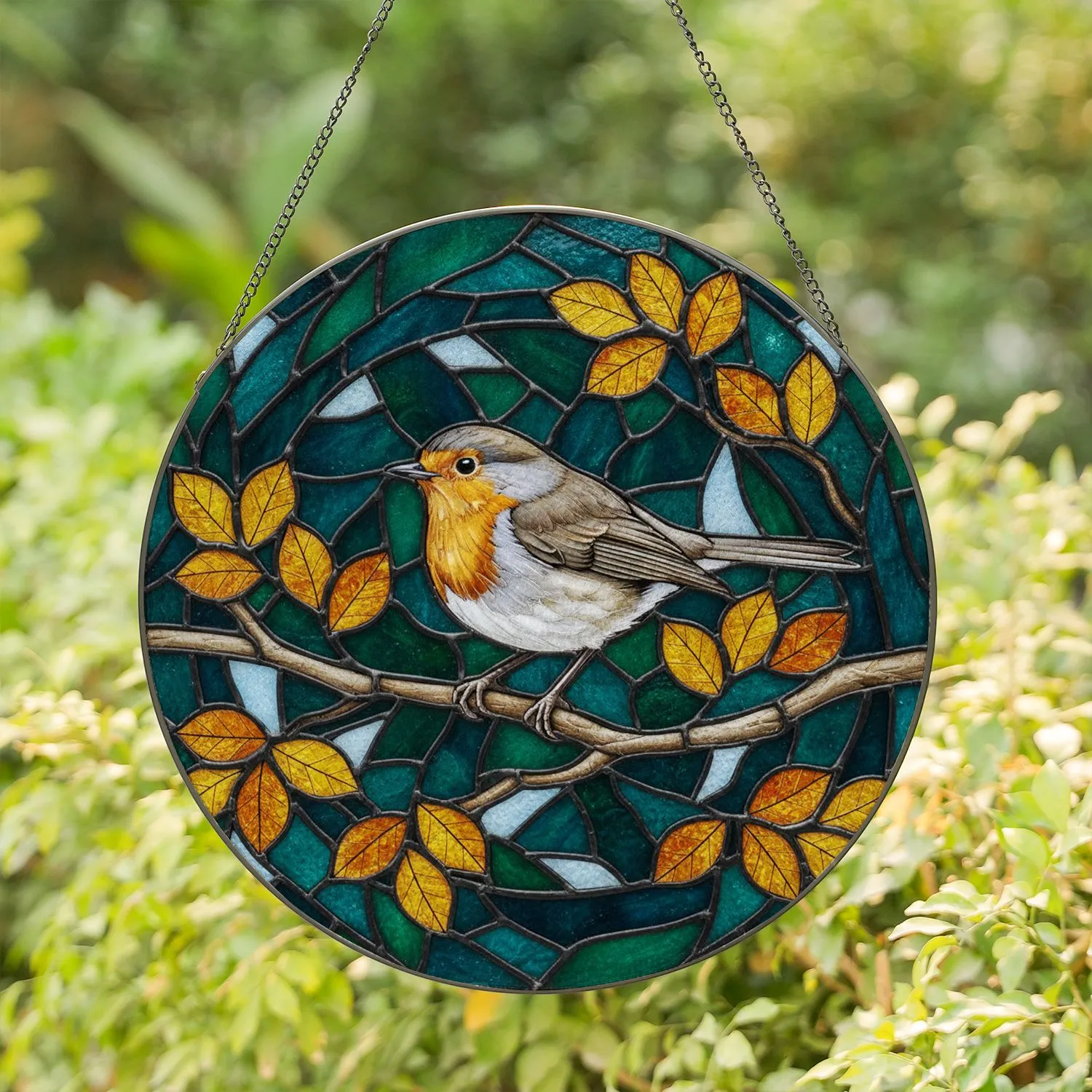 Tiffany Stained Glass Realistic Bird Autumn Leaves Jewel Tones Teal Green Mosaic Stained Glass Suncatcher - 1