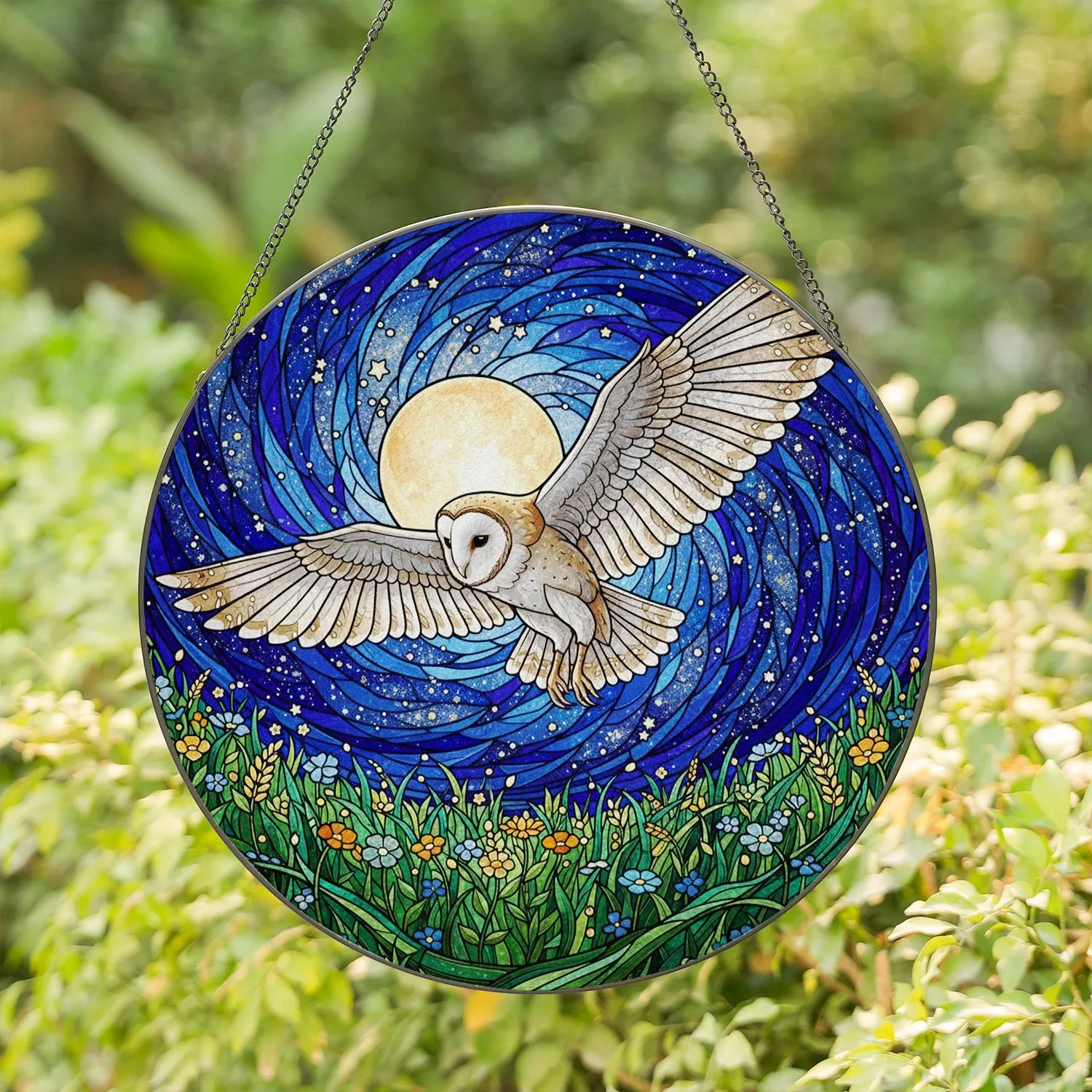 Majestic Barn Owl in Flight Full Moon Celestial Night Sky Tiffany Stained Glass Art Stained Glass Suncatcher - 1