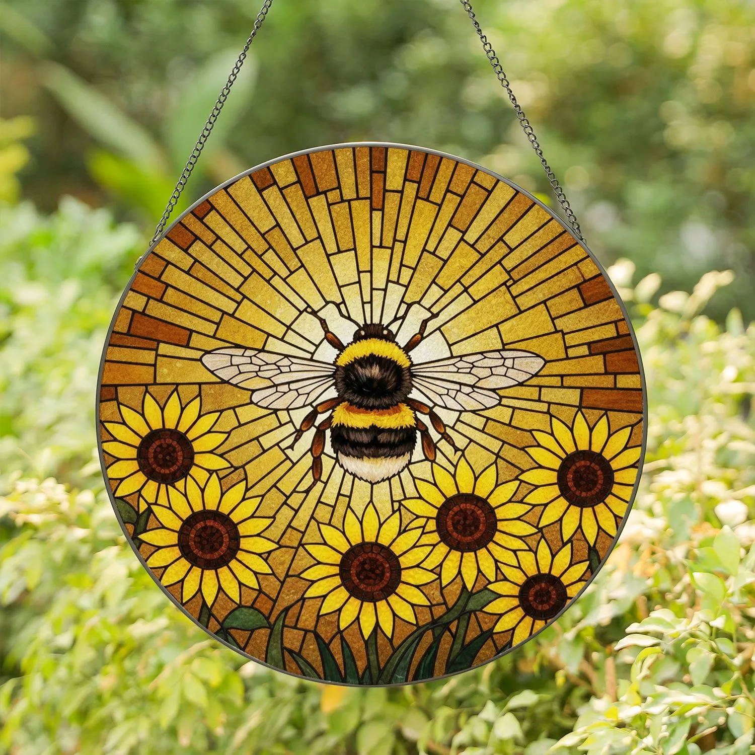 Bumblebee Sunflower Stained Glass Mosaic Art - Tiffany Jewel Tone Golden Sky Garden Decor Stained Glass Suncatcher - 1