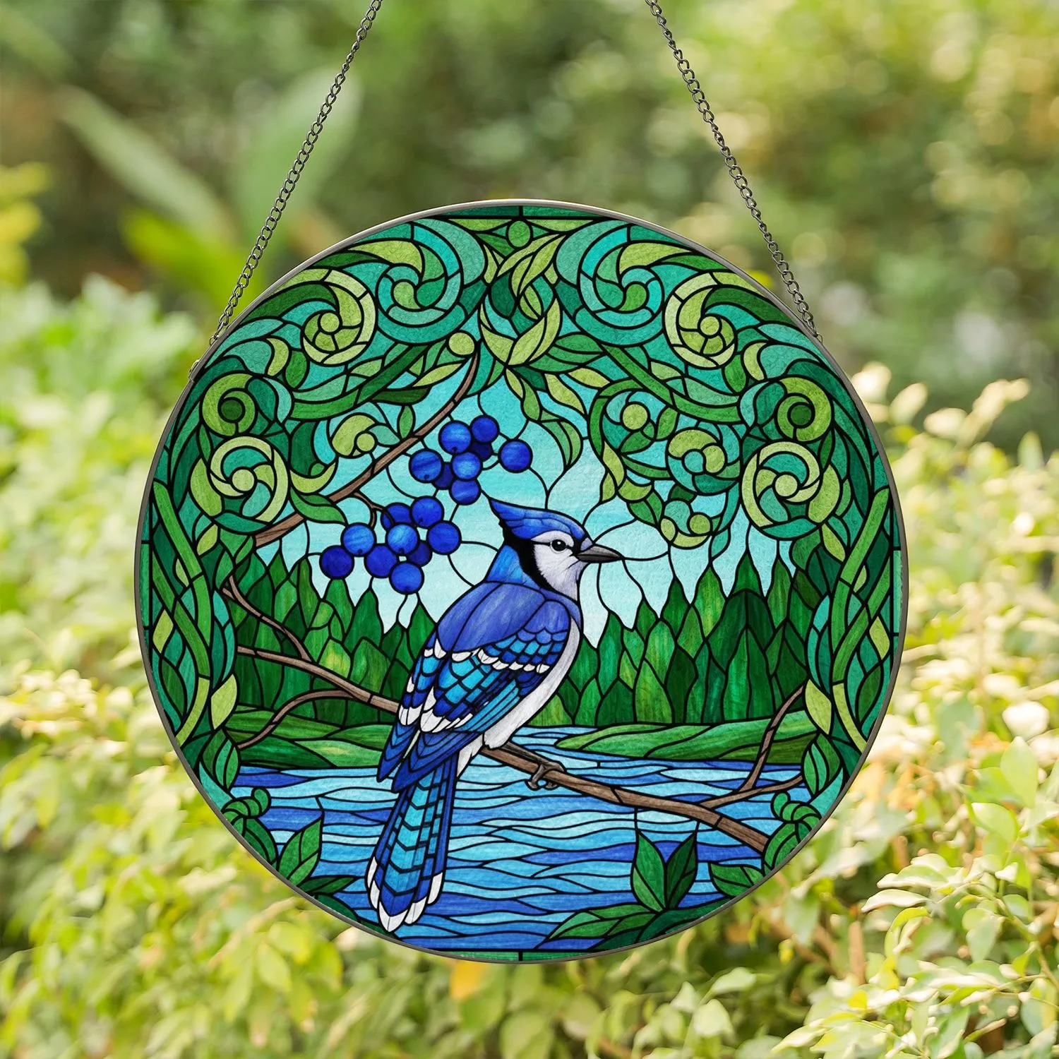 Blue Jay Stained Glass River Forest Foliage - Tiffany Style Nature Bird Watcher Present Stained Glass Suncatcher - 1