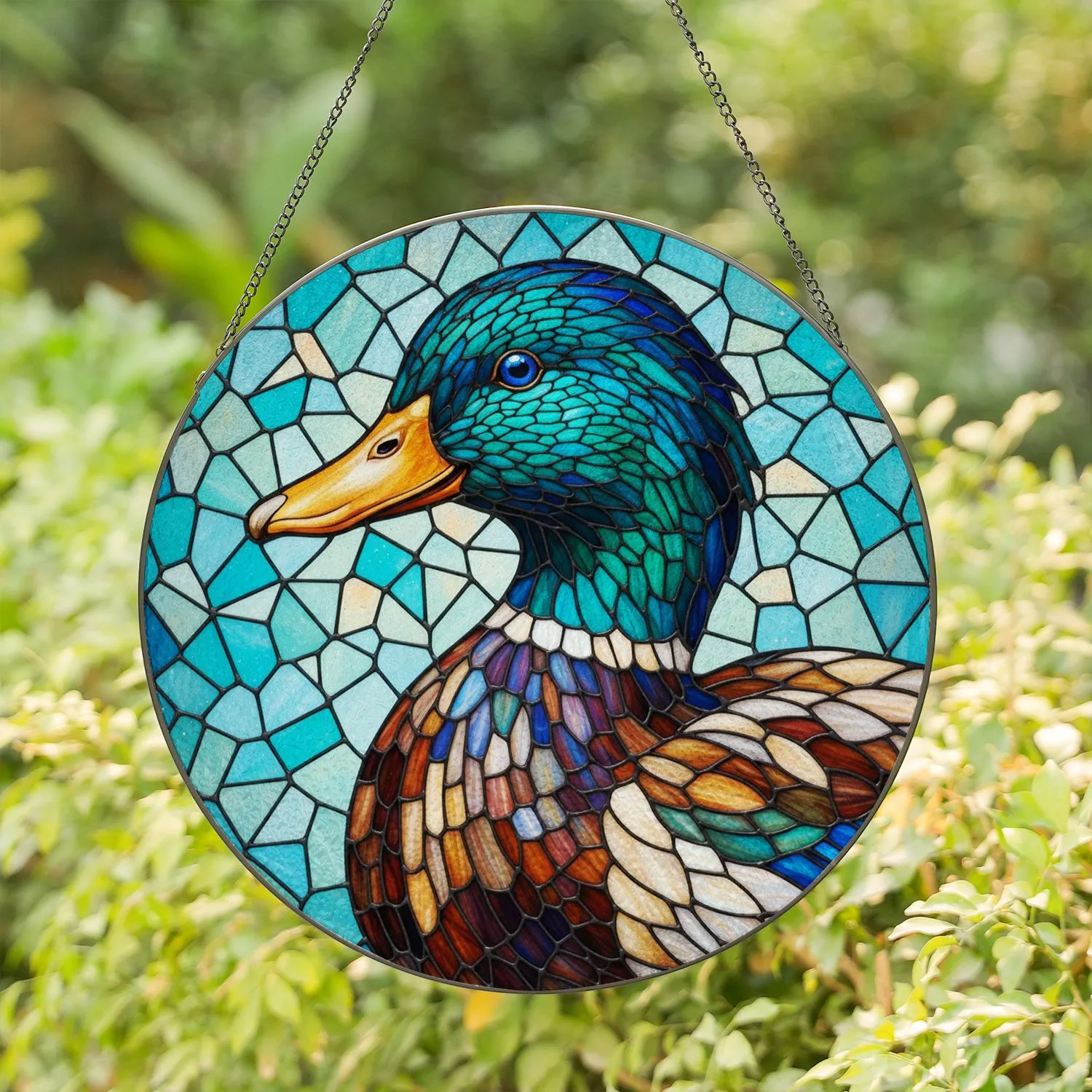 Colorful Duck Head Stained Glass, Orange Beak & Blue Eye - Tiffany Teal Mosaic Art Gift Stained Glass Suncatcher - 1