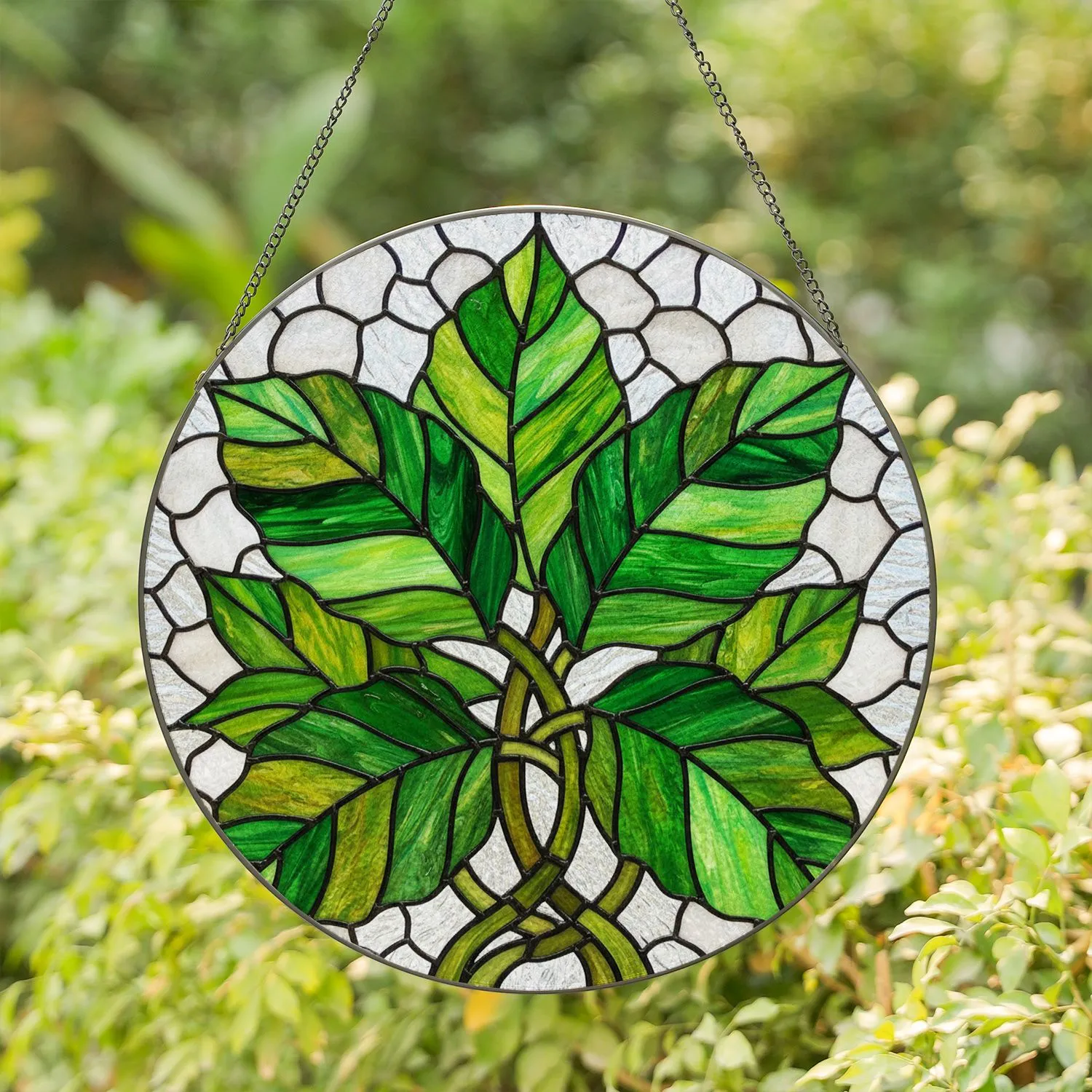 Tiffany Style Stained Glass Jewel Tone Veined Green Leaves White Mosaic Home Decor Stained Glass Suncatcher - 1