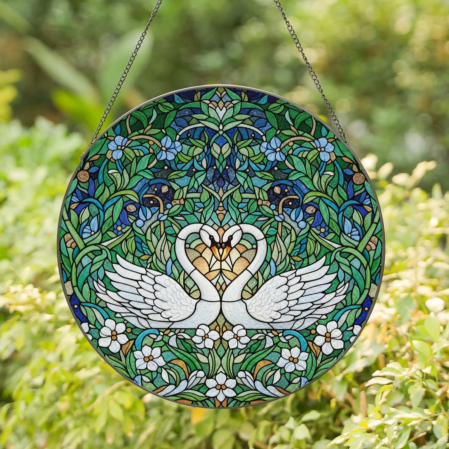 White Swans Heart Stained Glass Tiffany Floral Botanical Mosaic Nocturnal Garden Art Stained Glass Suncatcher - 1