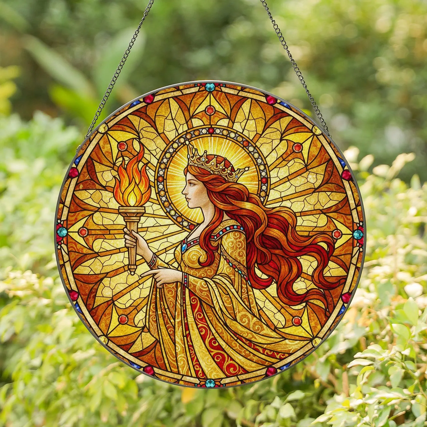 Majestic Queen with Blazing Torch, Golden Crown - Glowing Tiffany Style Jewel Tone Art Stained Glass Suncatcher - 1