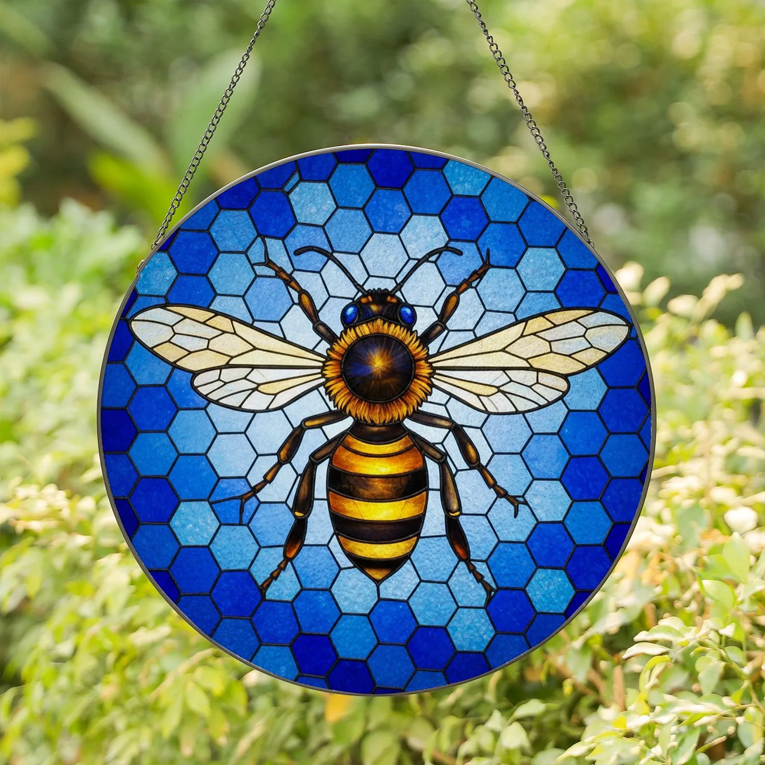 Honey Bee Stained Glass Art - Intricate Tiffany Style Hexagonal Mosaic Nature Gift Stained Glass Suncatcher - 1
