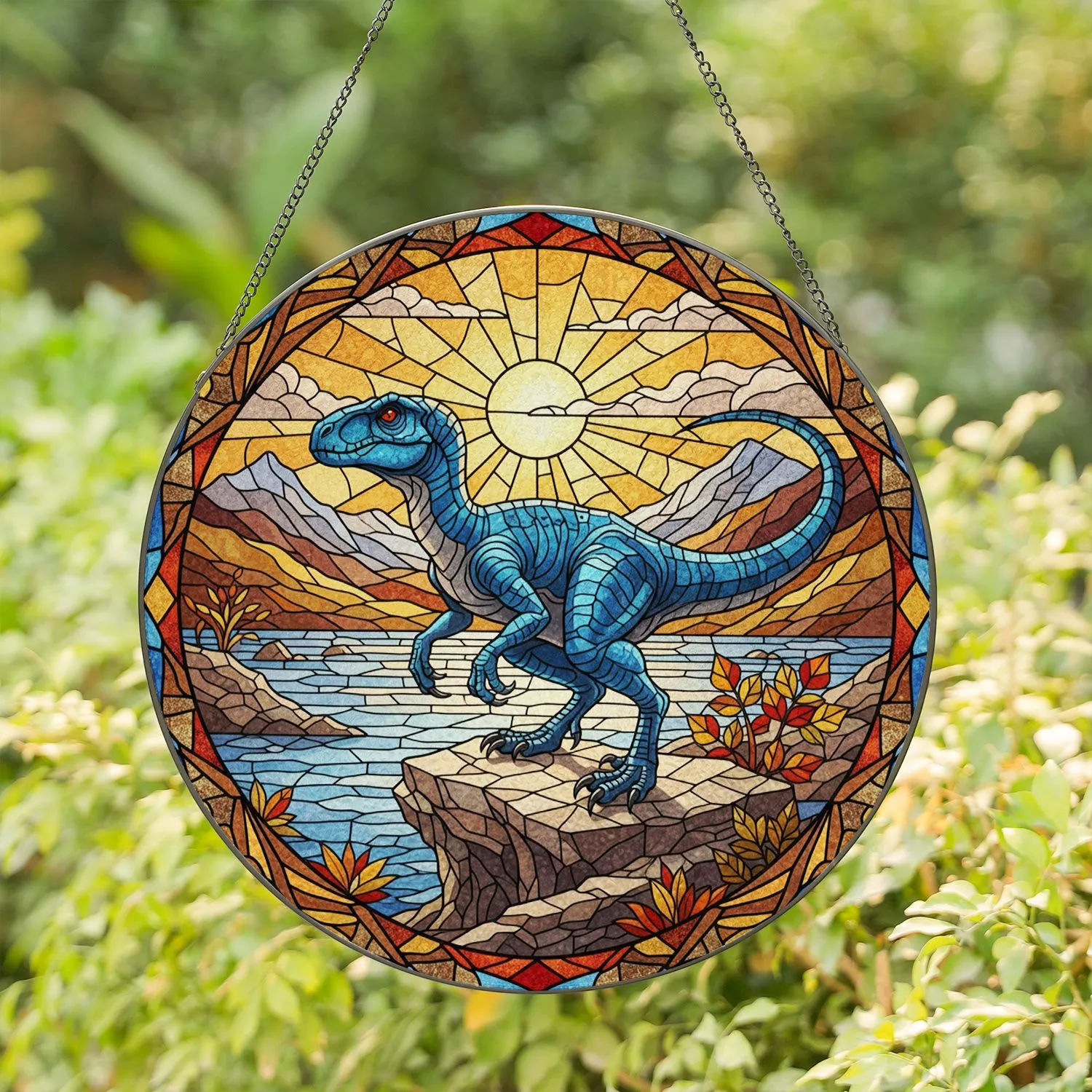 Tiffany Stained Glass Blue Raptor Dinosaur Glowing Jewel Tones Prehistoric Sunset Stained Glass Suncatcher - 1
