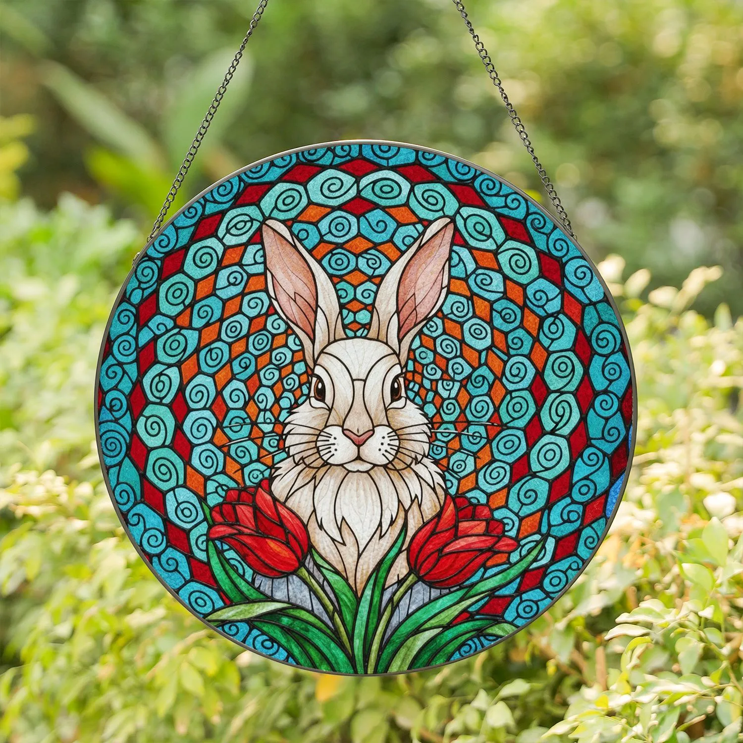 Fluffy Rabbit Portrait Red Tulips - Intricate Mosaic Stained Glass Art Home Decor Stained Glass Suncatcher - 1