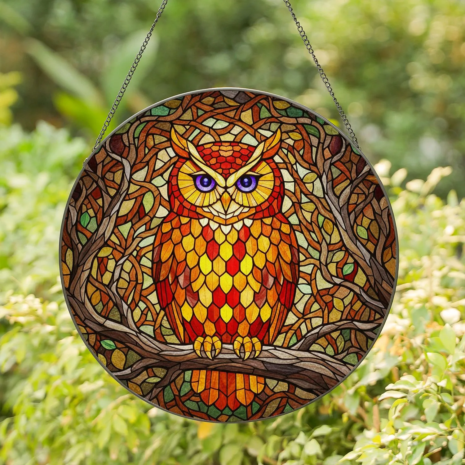Majestic Wise Owl Stained Glass Art with Tree Branch & Colorful Tiffany Style Foliage Stained Glass Suncatcher - 1