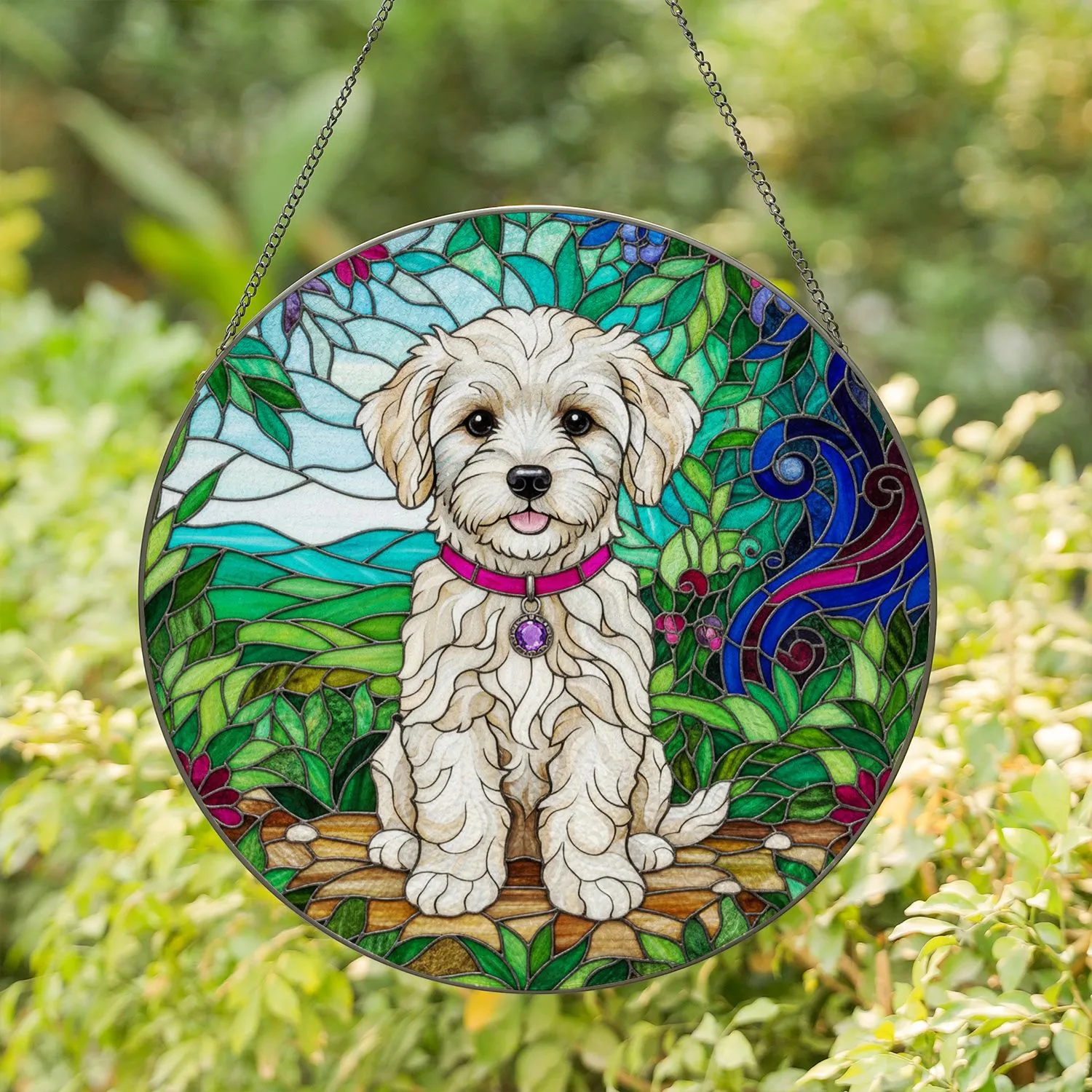 White Bichon Poodle Puppy Stained Glass Jewel Tone Pink Collar Landscape Gift Stained Glass Suncatcher - 1